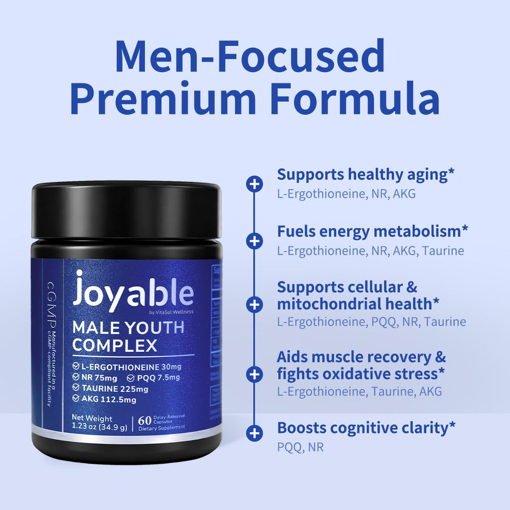 joyable by VitaSol Wellness - Male Youth Complex – Cellular Energy & Healthy Aging Support Supplement with NR, PQQ & Ergothioneine | 60 Capsules - TrustMedUSA