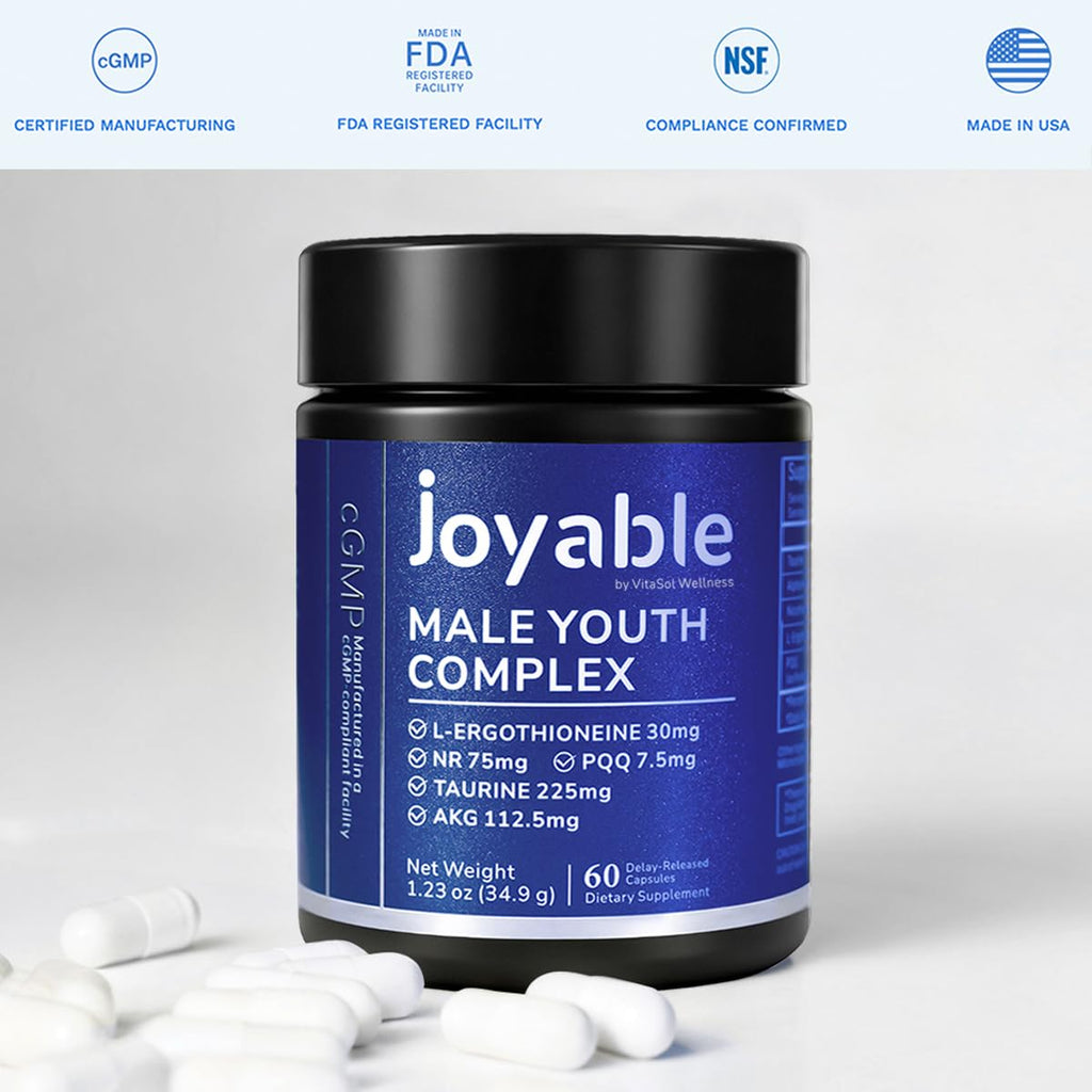 joyable by VitaSol Wellness - Male Youth Complex – Cellular Energy & Healthy Aging Support Supplement with NR, PQQ & Ergothioneine | 60 Capsules - TrustMedUSA