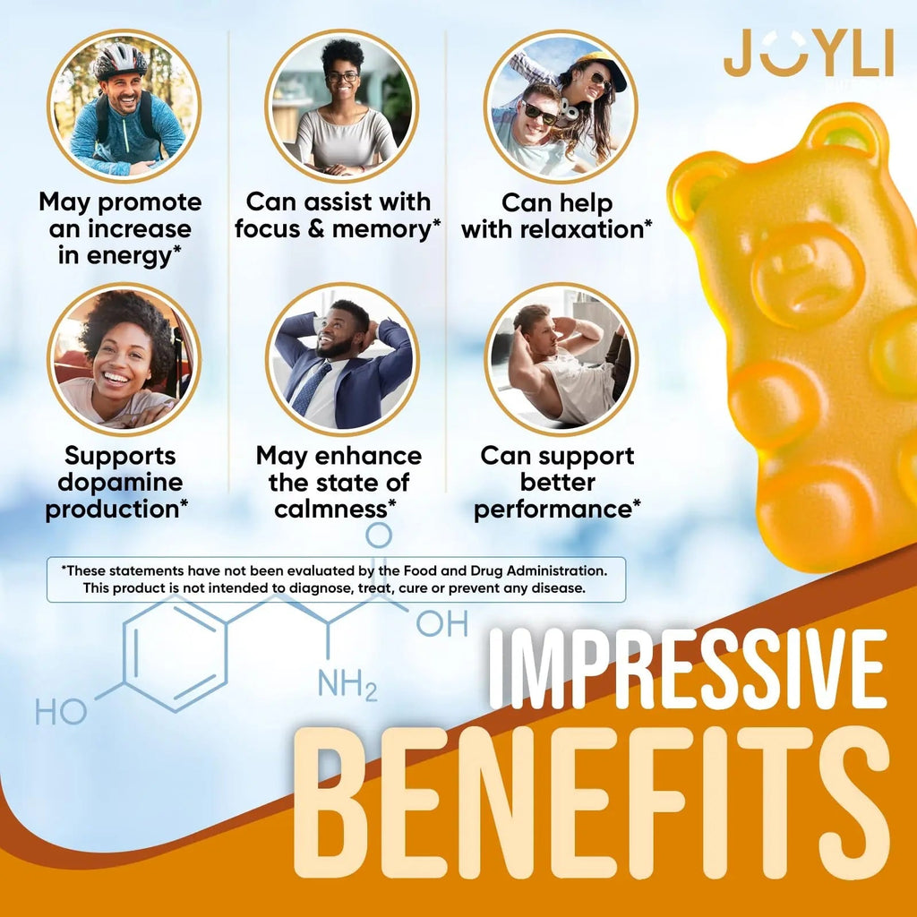 Joyli L Tyrosine Gummies 1000MG - L-Tyrosine Supplement for Kids & Adults - Calm & Focus Gummies for Brain, Memory, Mood, and Energy - 500mg L- Tyrosine Powder per Gummy - Vegan, Gluten-Free - TrustMedUSA