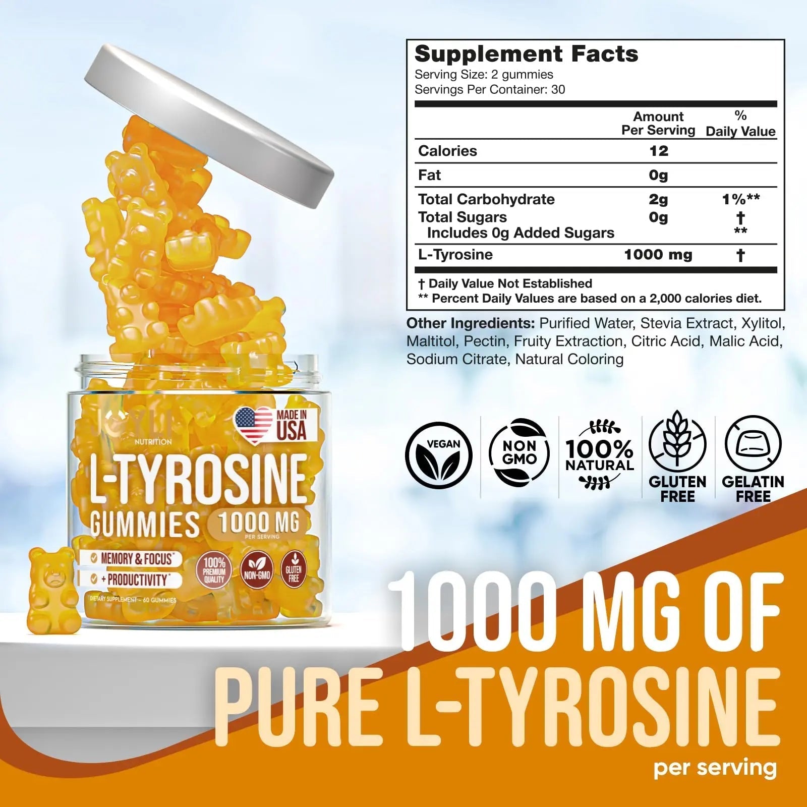 Joyli L Tyrosine Gummies 1000MG - L-Tyrosine Supplement for Kids & Adults - Calm & Focus Gummies for Brain, Memory, Mood, and Energy - 500mg L- Tyrosine Powder per Gummy - Vegan, Gluten-Free - TrustMedUSA