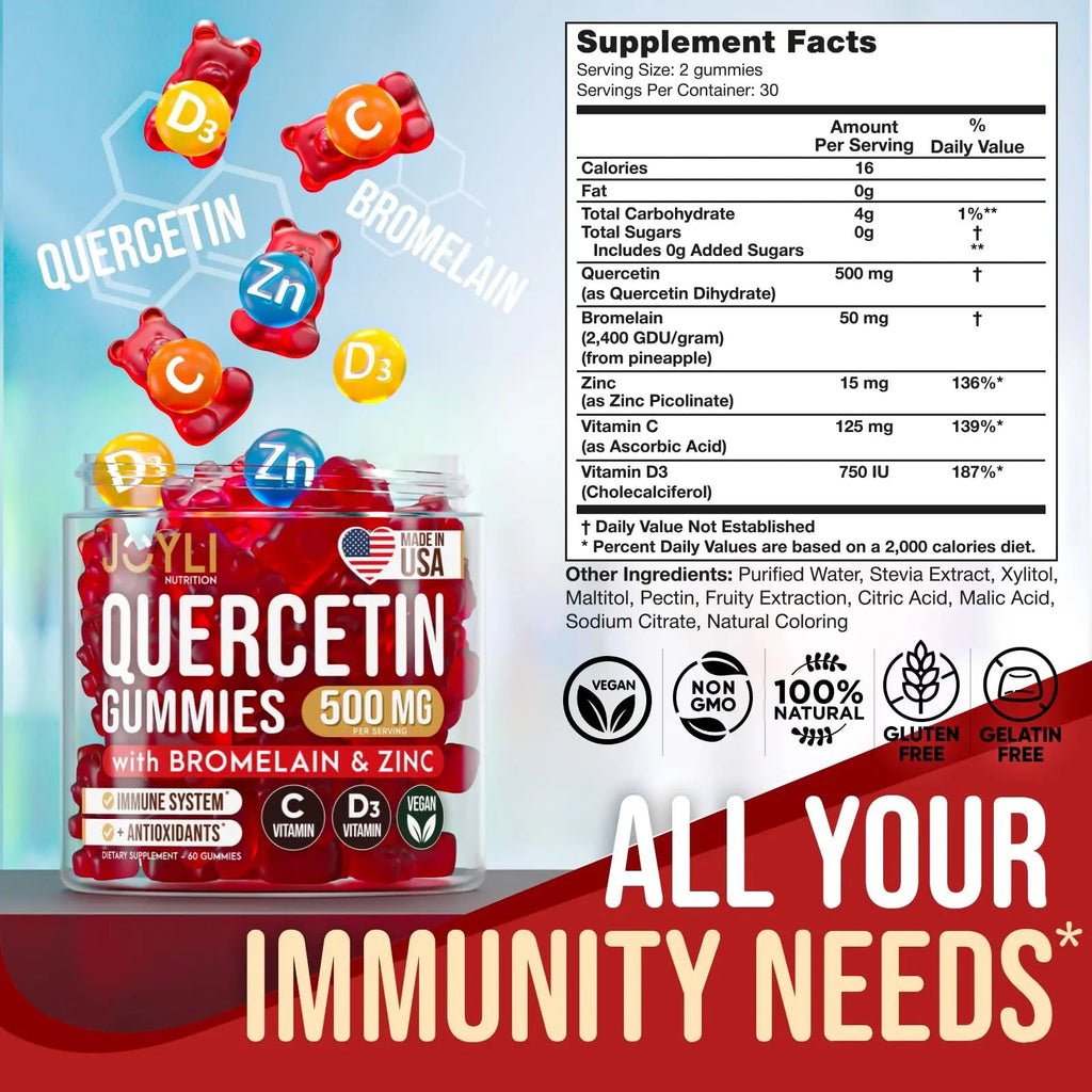 JOYLI Quercetin Gummies - Quercetin with Bromelain Zinc Vitamin C & Vitamin D3 - Quercetin Supplement 500MG for Immune System & Allergy - Quercetin for Kids and Adults - 60 Quercetin Chewable - TrustMedUSA