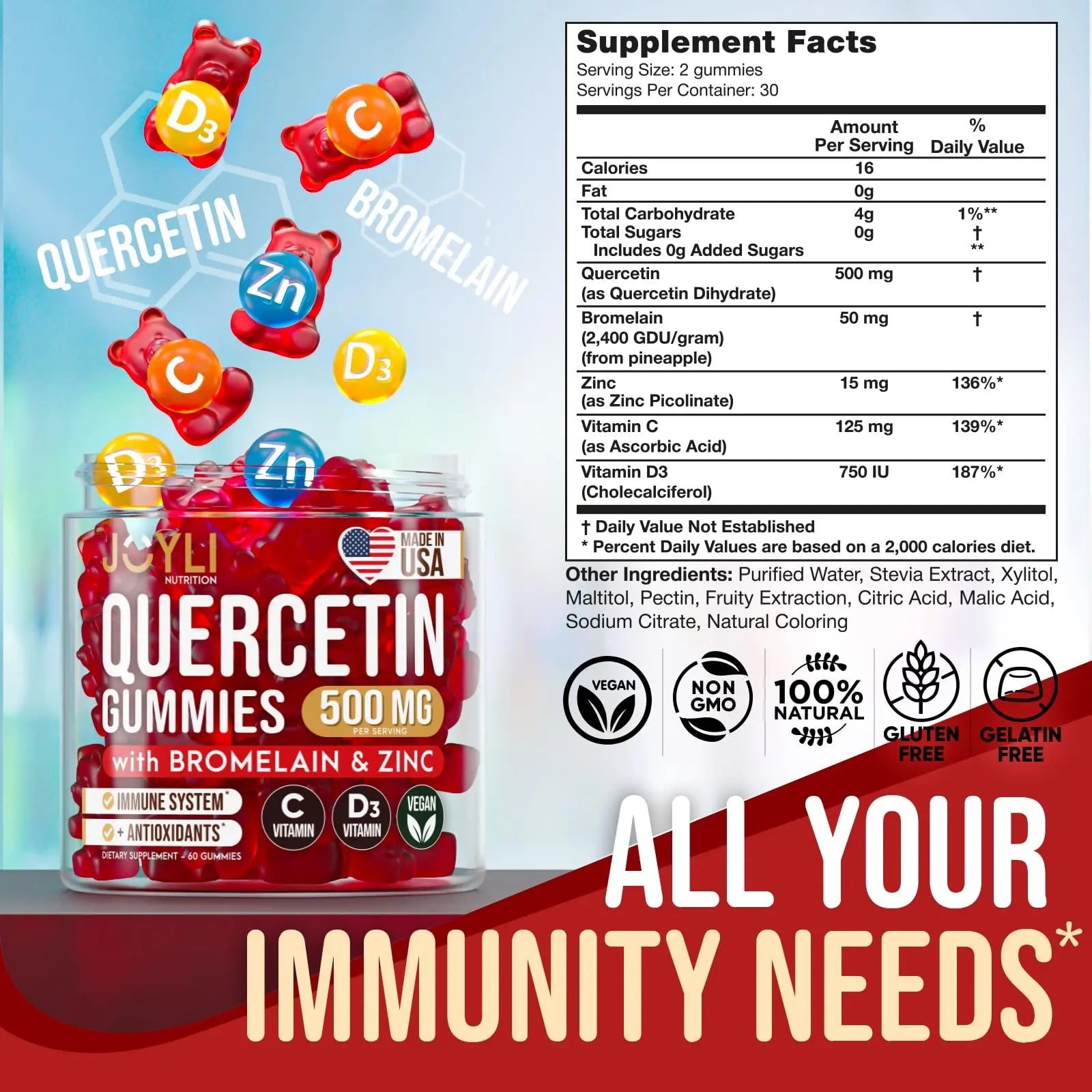 JOYLI Quercetin Gummies - Quercetin with Bromelain Zinc Vitamin C & Vitamin D3 - Quercetin Supplement 500MG for Immune System & Allergy - Quercetin for Kids and Adults - 60 Quercetin Chewable - TrustMedUSA
