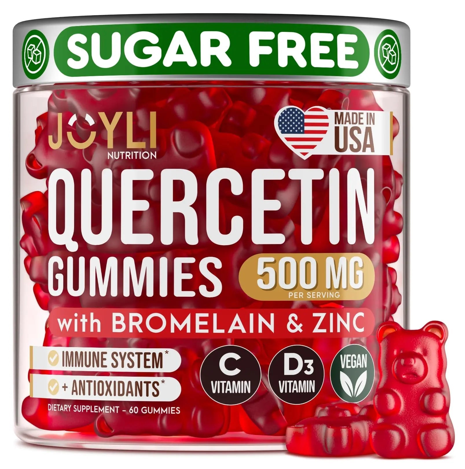 JOYLI Quercetin Gummies - Quercetin with Bromelain Zinc Vitamin C & Vitamin D3 - Quercetin Supplement 500MG for Immune System & Allergy - Quercetin for Kids and Adults - 60 Quercetin Chewable - TrustMedUSA