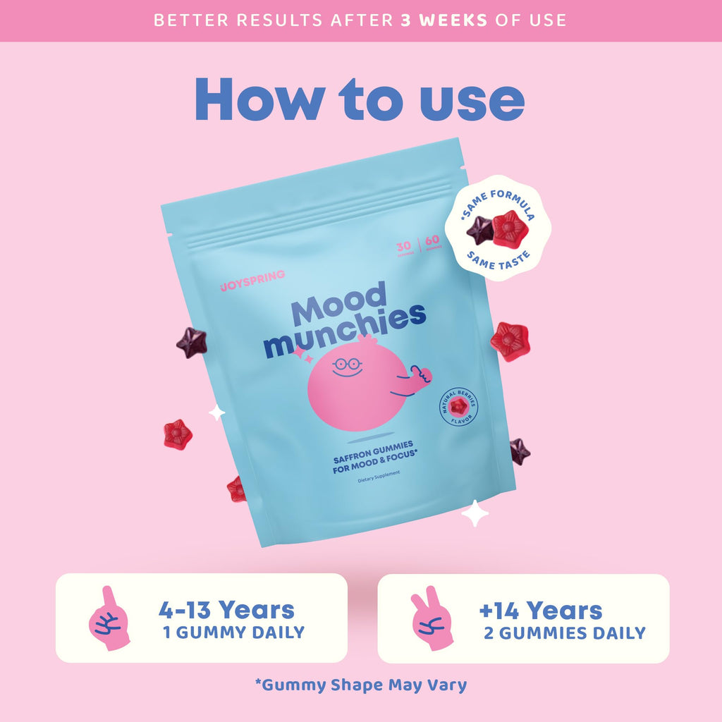 JoySpring Mood Munchies Saffron Gummies for Kids 4+ | Saffron Extract Supplement with GABA, Passion Flower & St Johns Wort | Sugar Free Vegan Brain Support - TrustMedUSA