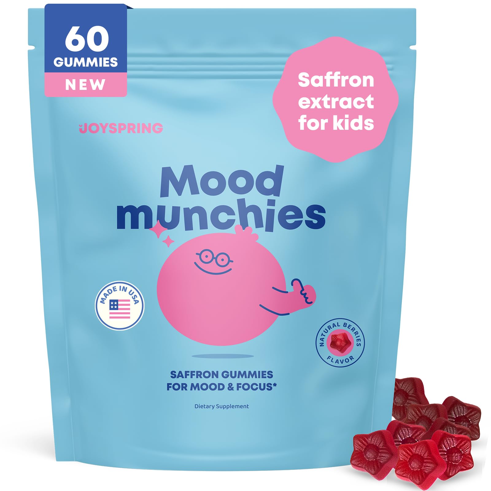 JoySpring Mood Munchies Saffron Gummies for Kids 4+ | Saffron Extract Supplement with GABA, Passion Flower & St Johns Wort | Sugar Free Vegan Brain Support - TrustMedUSA