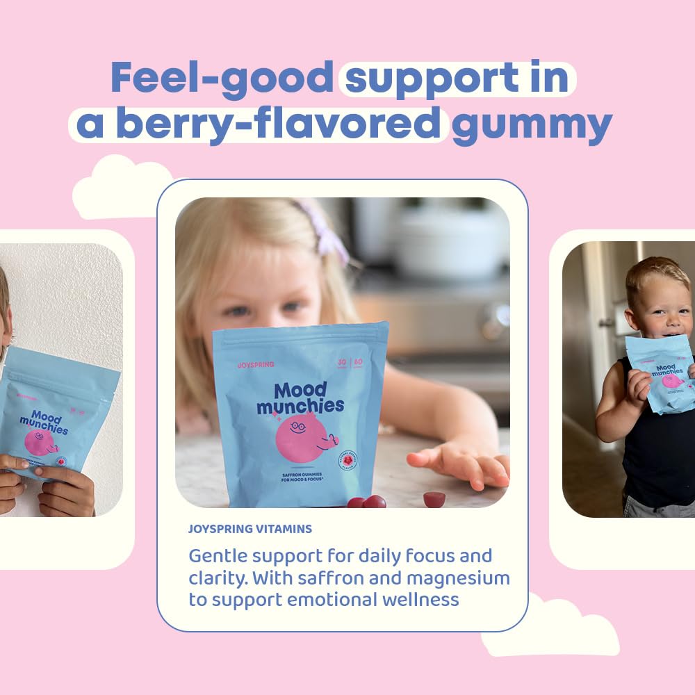 JoySpring Mood Munchies Saffron Gummies for Kids 4+ | Saffron Extract Supplement with GABA, Passion Flower & St Johns Wort | Sugar Free Vegan Brain Support - TrustMedUSA