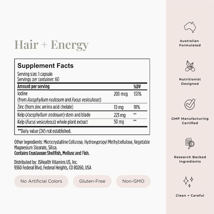 JSHealth Hair Growth Vitamins for Women. Hair + Energy with Kelp Iodine and Zinc. Supports Thickness, Strength, Energy. Nutritionist-Formulated (60 Capsules) - TrustMedUSA