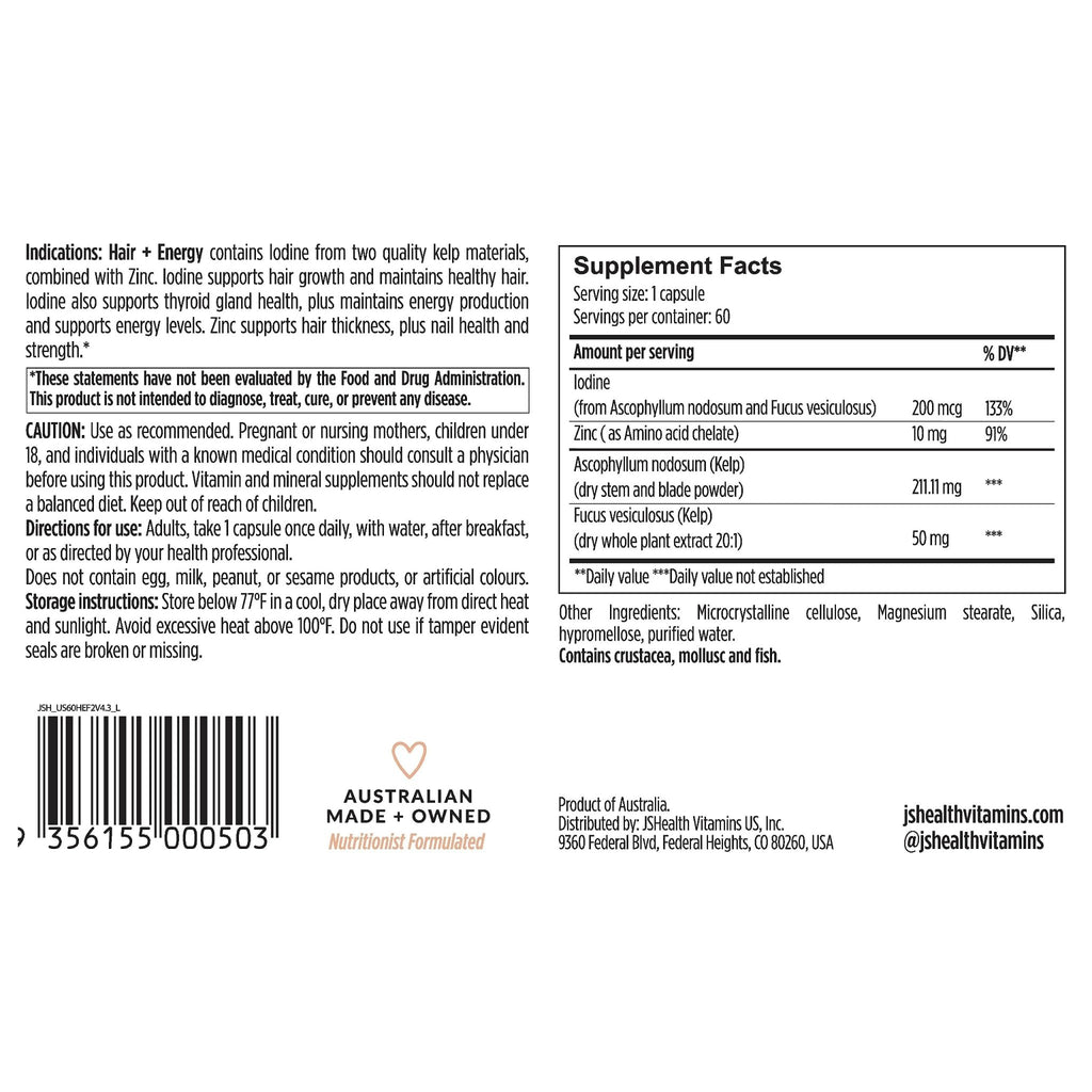 JSHealth Hair Growth Vitamins for Women. Hair + Energy with Kelp Iodine and Zinc. Supports Thickness, Strength, Energy. Nutritionist-Formulated (60 Capsules) - TrustMedUSA