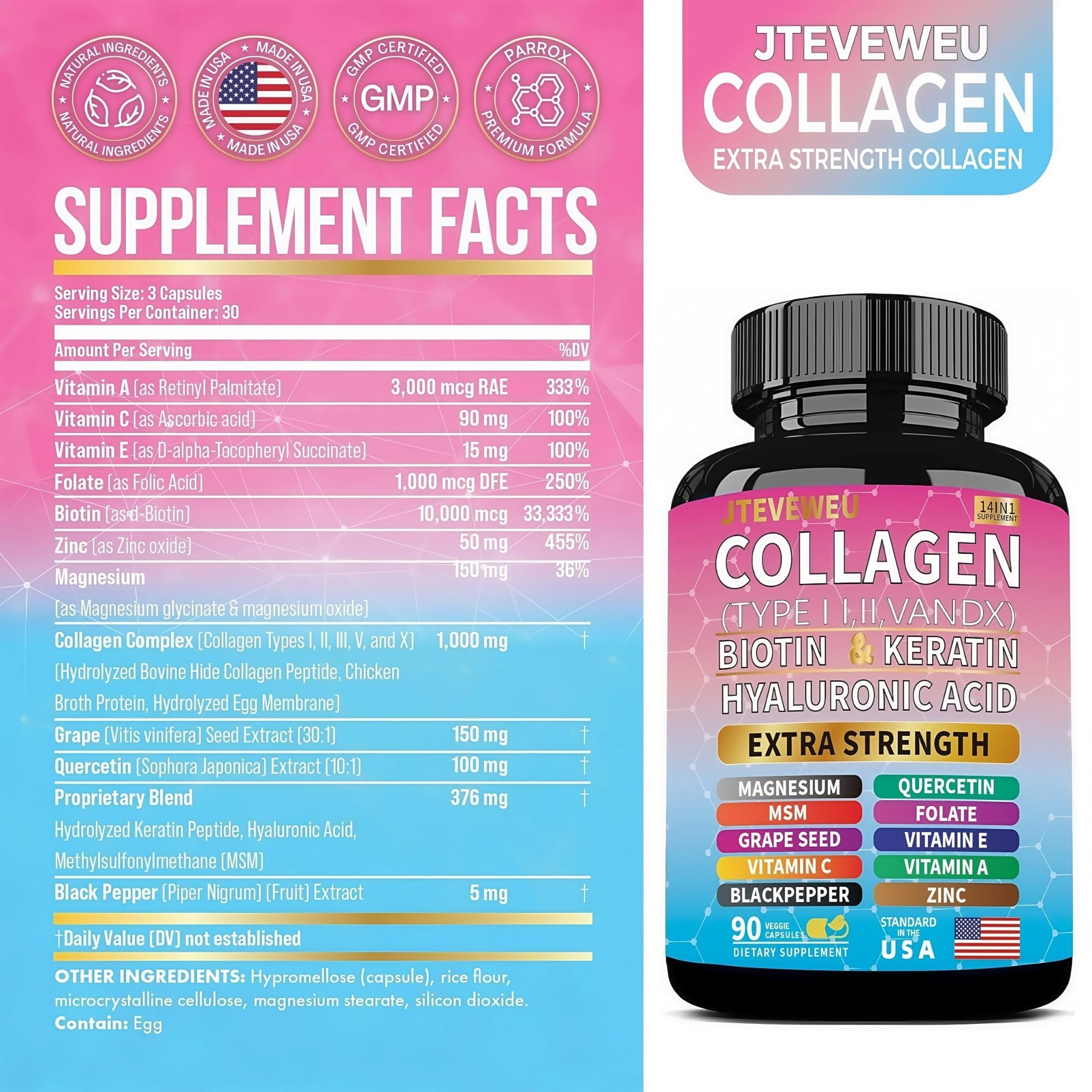 JTEVEweu Collagen Supplement - Type I, II, III, V and X - with Biotin, Keratin, Hyaluronic Acid & 13+ Extra Strength Ingredients - （90 Capsules） - TrustMedUSA