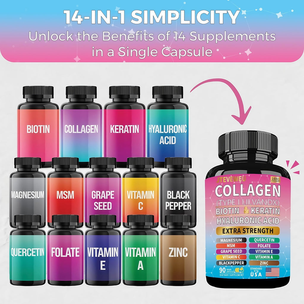 JTEVEweu Collagen Supplement - Type I, II, III, V and X - with Biotin, Keratin, Hyaluronic Acid & 13+ Extra Strength Ingredients - （90 Capsules） - TrustMedUSA