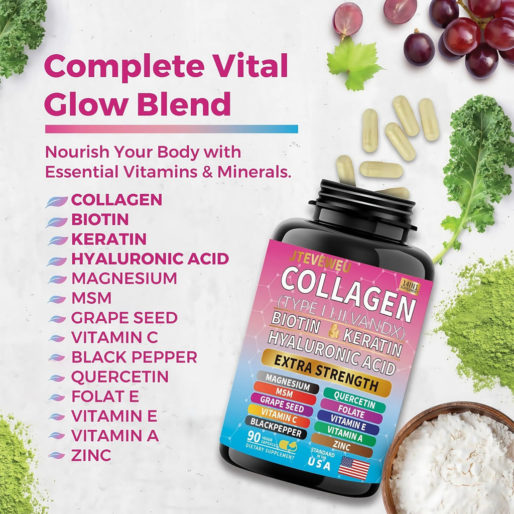 JTEVEweu Collagen Supplement - Type I, II, III, V and X - with Biotin, Keratin, Hyaluronic Acid & 13+ Extra Strength Ingredients - （90 Capsules） - TrustMedUSA