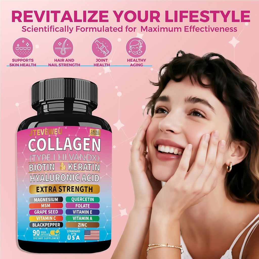 JTEVEweu Collagen Supplement - Type I, II, III, V and X - with Biotin, Keratin, Hyaluronic Acid & 13+ Extra Strength Ingredients - （90 Capsules） - TrustMedUSA