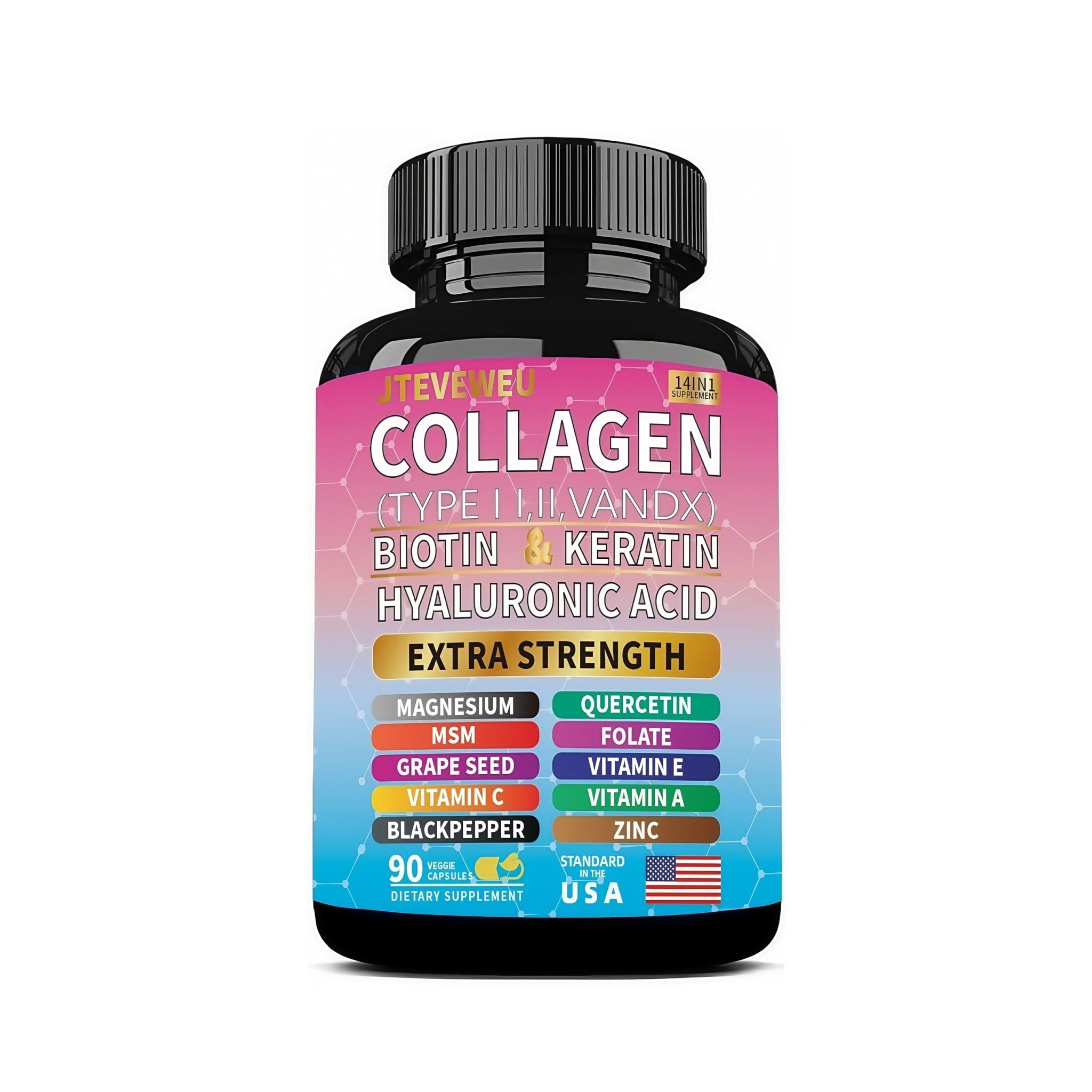 JTEVEweu Collagen Supplement - Type I, II, III, V and X - with Biotin, Keratin, Hyaluronic Acid & 13+ Extra Strength Ingredients - （90 Capsules） - TrustMedUSA