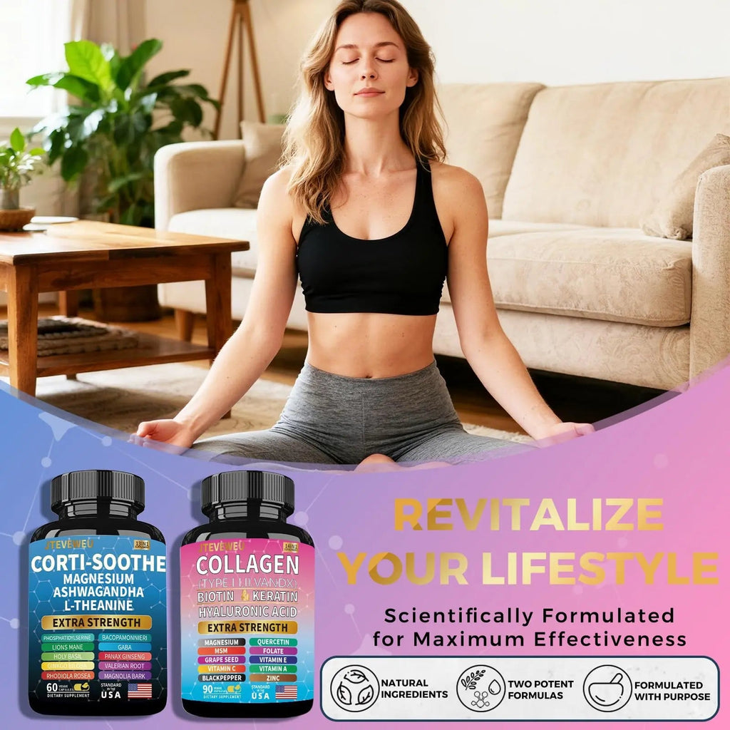 JTEVEweu Shining Serenity Set, Cortisol Support with Ashwagandha, L-Theanine, Magnesium, Lions Mane, GABA, Bacopa Monnieri, Collagen Biotin, Keratin, Hyaluronic Acid, Quercetin - TrustMedUSA