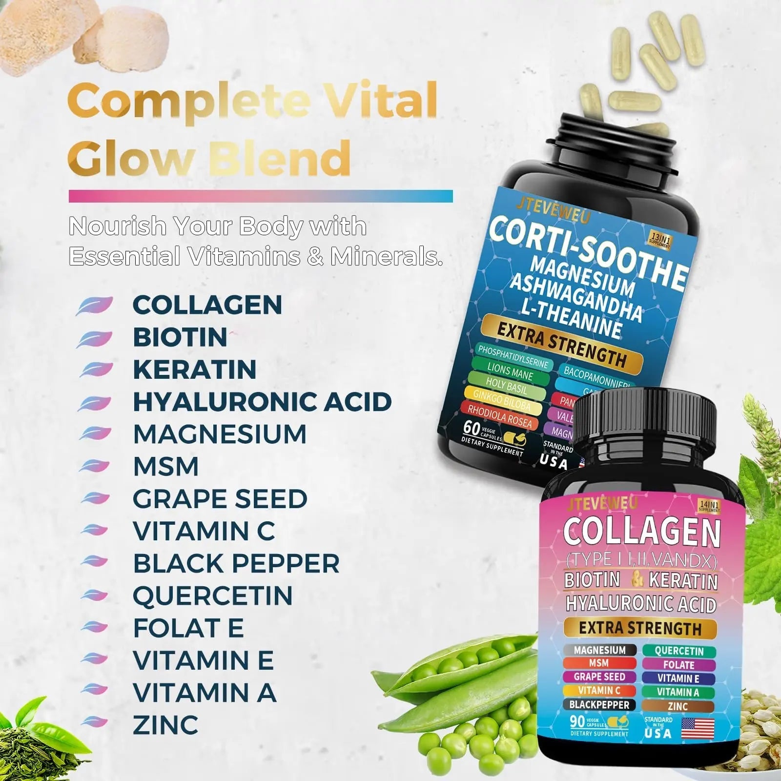 JTEVEweu Shining Serenity Set, Cortisol Support with Ashwagandha, L-Theanine, Magnesium, Lions Mane, GABA, Bacopa Monnieri, Collagen Biotin, Keratin, Hyaluronic Acid, Quercetin - TrustMedUSA