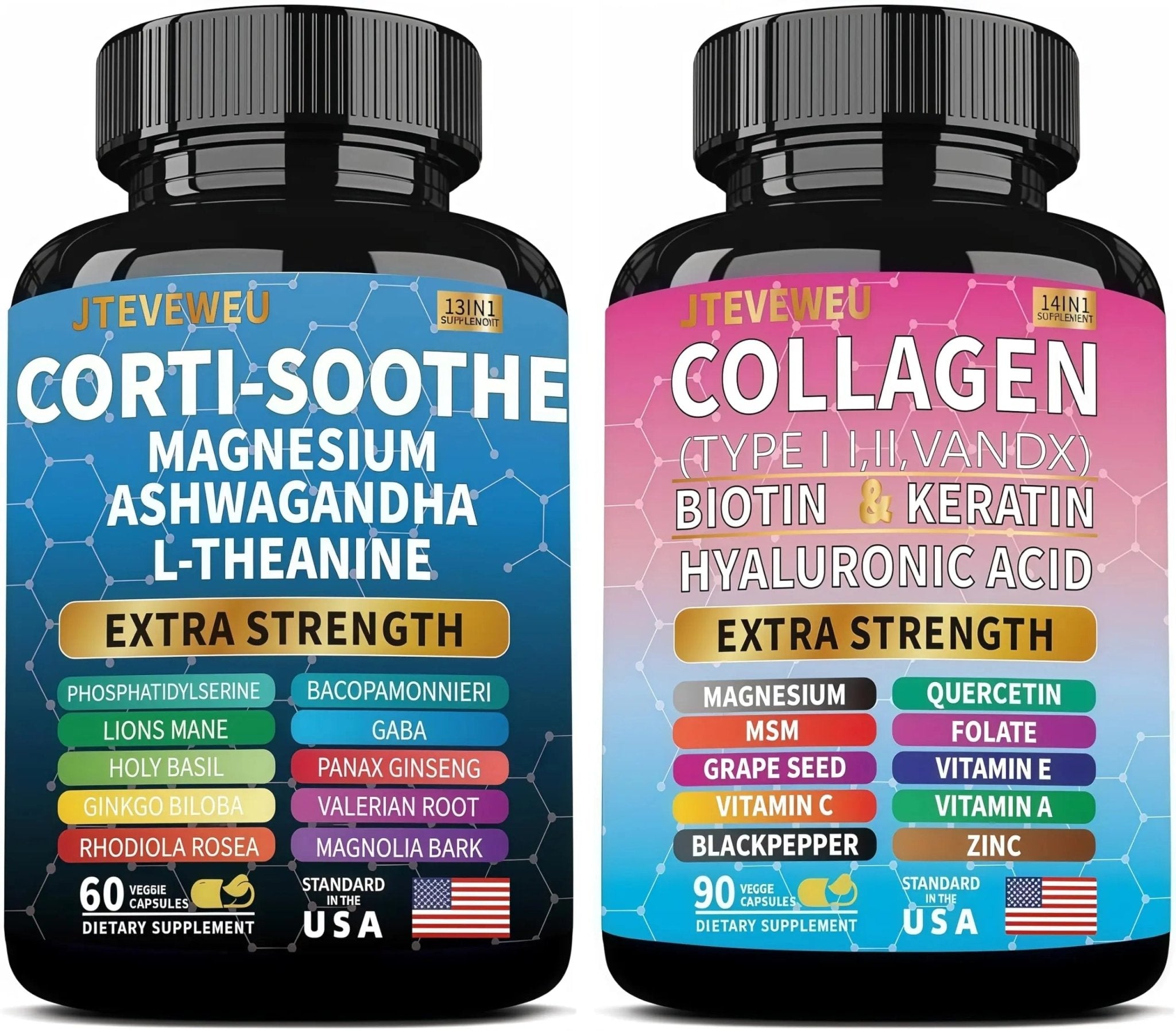 JTEVEweu Shining Serenity Set, Cortisol Support with Ashwagandha, L-Theanine, Magnesium, Lions Mane, GABA, Bacopa Monnieri, Collagen Biotin, Keratin, Hyaluronic Acid, Quercetin - TrustMedUSA