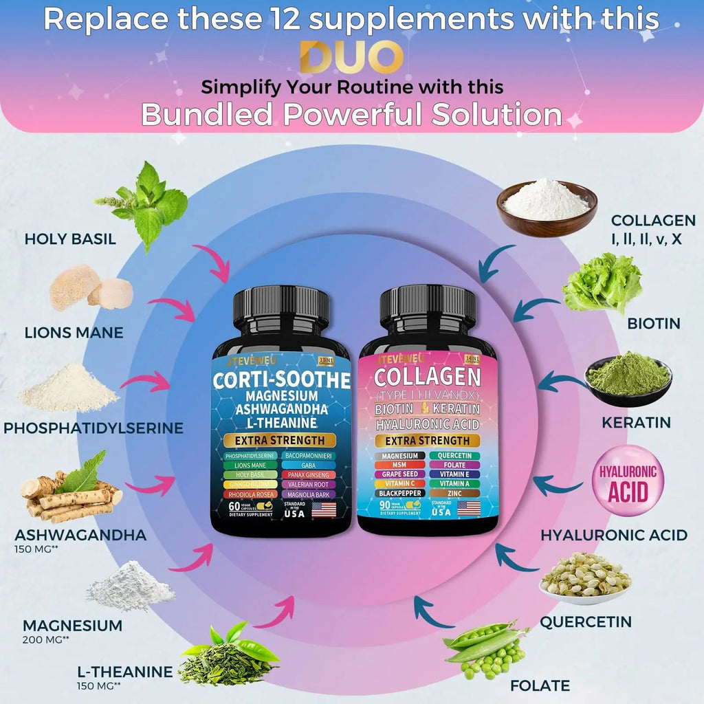 JTEVEweu Shining Serenity Set, Cortisol Support with Ashwagandha, L-Theanine, Magnesium, Lions Mane, GABA, Bacopa Monnieri, Collagen Biotin, Keratin, Hyaluronic Acid, Quercetin - TrustMedUSA