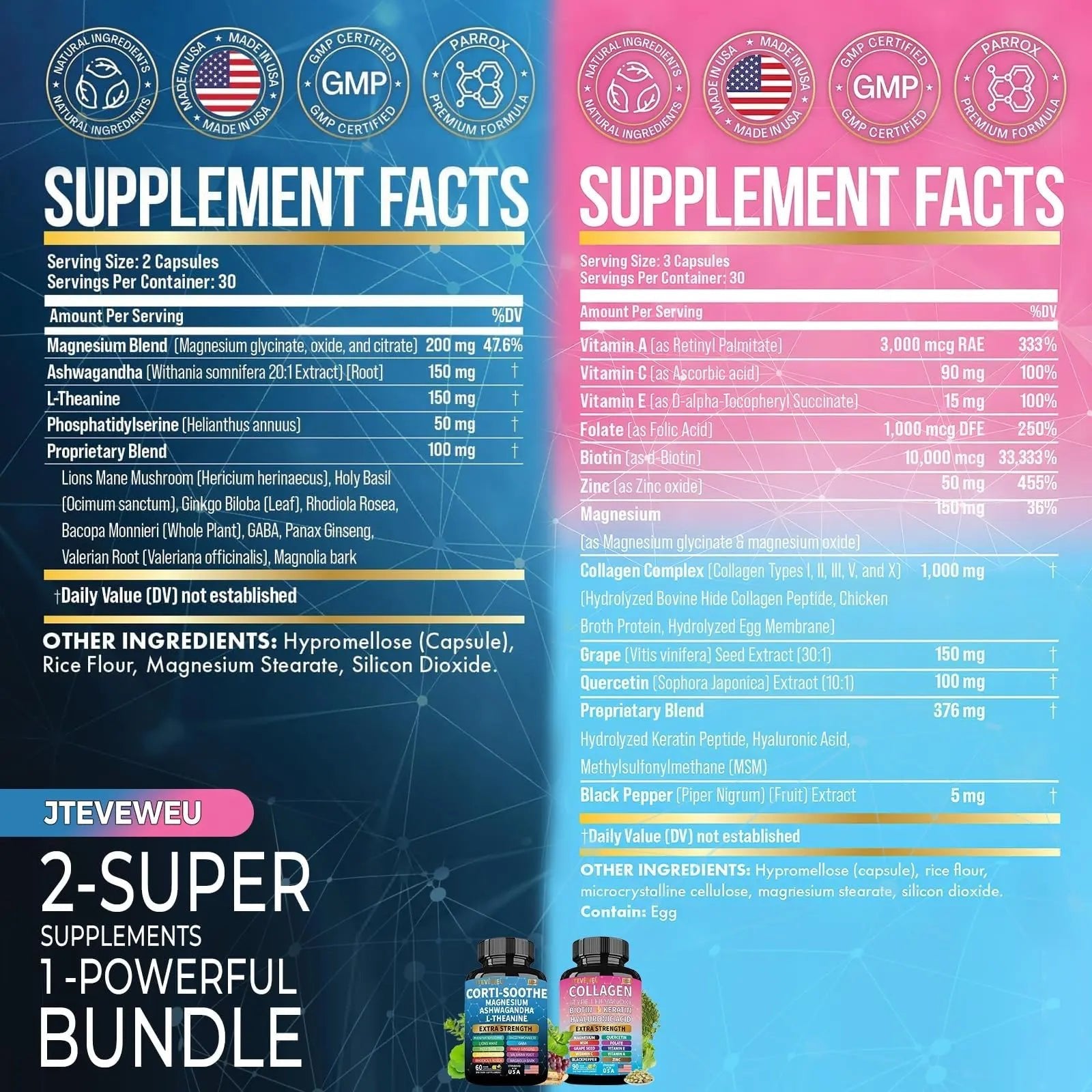 JTEVEweu Shining Serenity Set, Cortisol Support with Ashwagandha, L-Theanine, Magnesium, Lions Mane, GABA, Bacopa Monnieri, Collagen Biotin, Keratin, Hyaluronic Acid, Quercetin - TrustMedUSA