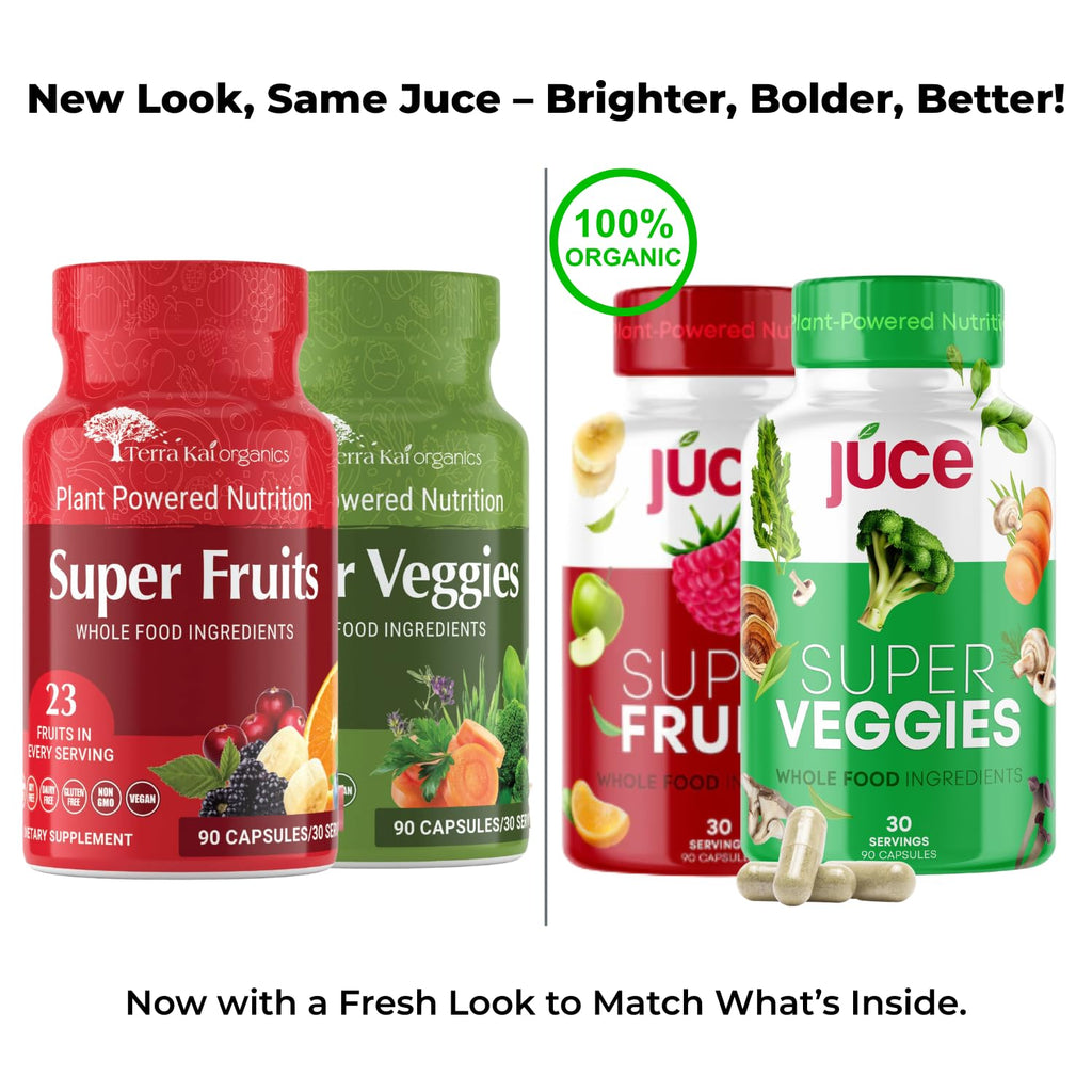 Juce Original Formula - Organic Super Fruit & Veggies Supplement - Gluten/Gelatin Free, Soy Free & Vegan- Reds & Greens Superfood Capsules- 23 Fruits & 23 Vegetables (180 Count)- By Terra Kai Organics - TrustMedUSA