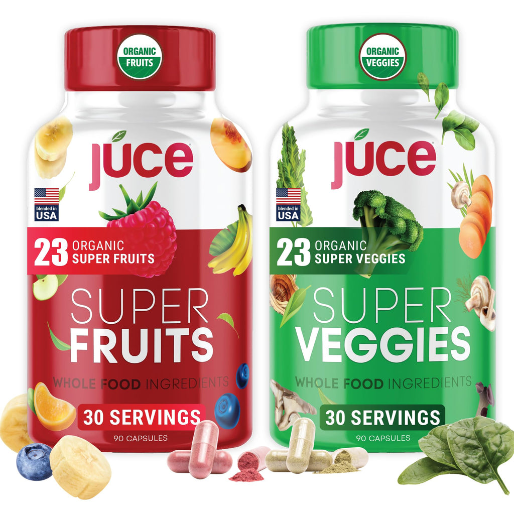 Juce Original Formula - Organic Super Fruit & Veggies Supplement - Gluten/Gelatin Free, Soy Free & Vegan- Reds & Greens Superfood Capsules- 23 Fruits & 23 Vegetables (180 Count)- By Terra Kai Organics - Maple Wellness Supplements