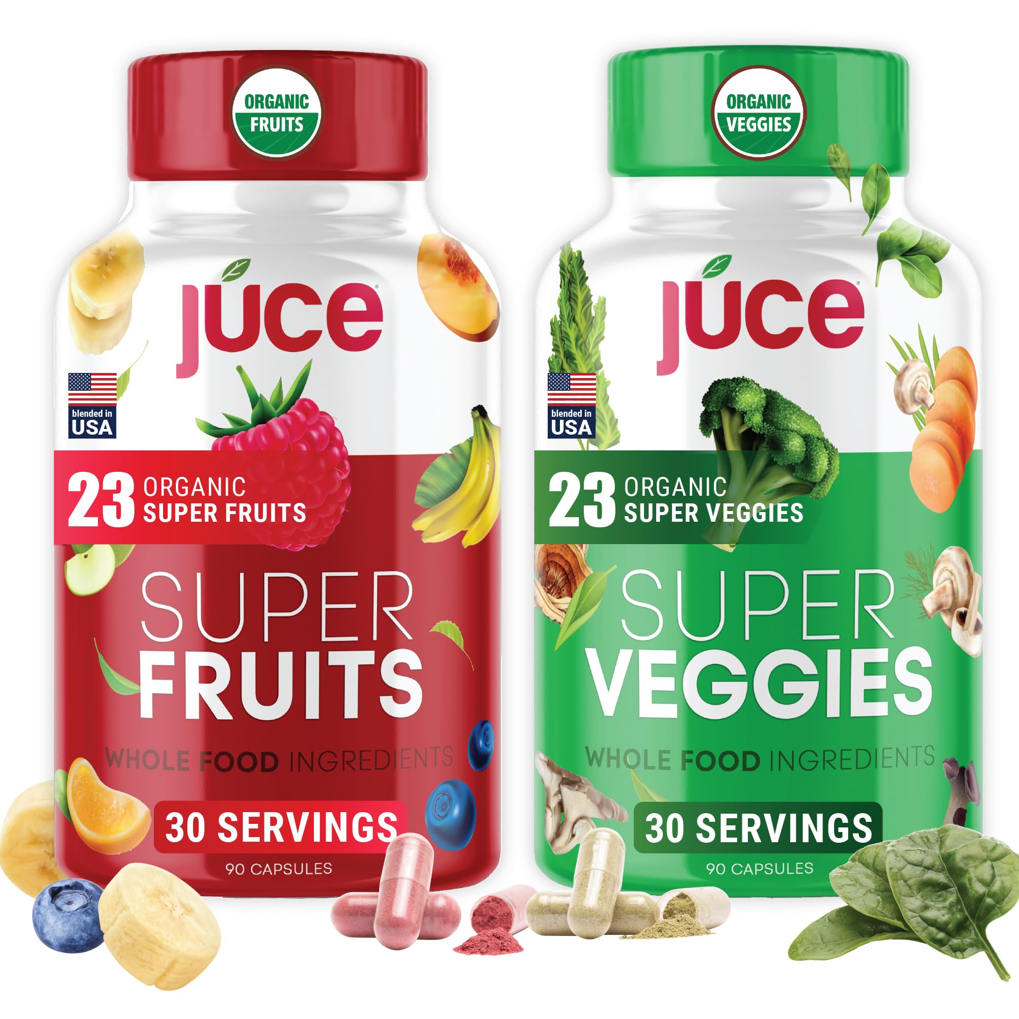 Juce Original Formula - Organic Super Fruit & Veggies Supplement - Gluten/Gelatin Free, Soy Free & Vegan- Reds & Greens Superfood Capsules- 23 Fruits & 23 Vegetables (180 Count)- By Terra Kai Organics - Maple Wellness Supplements