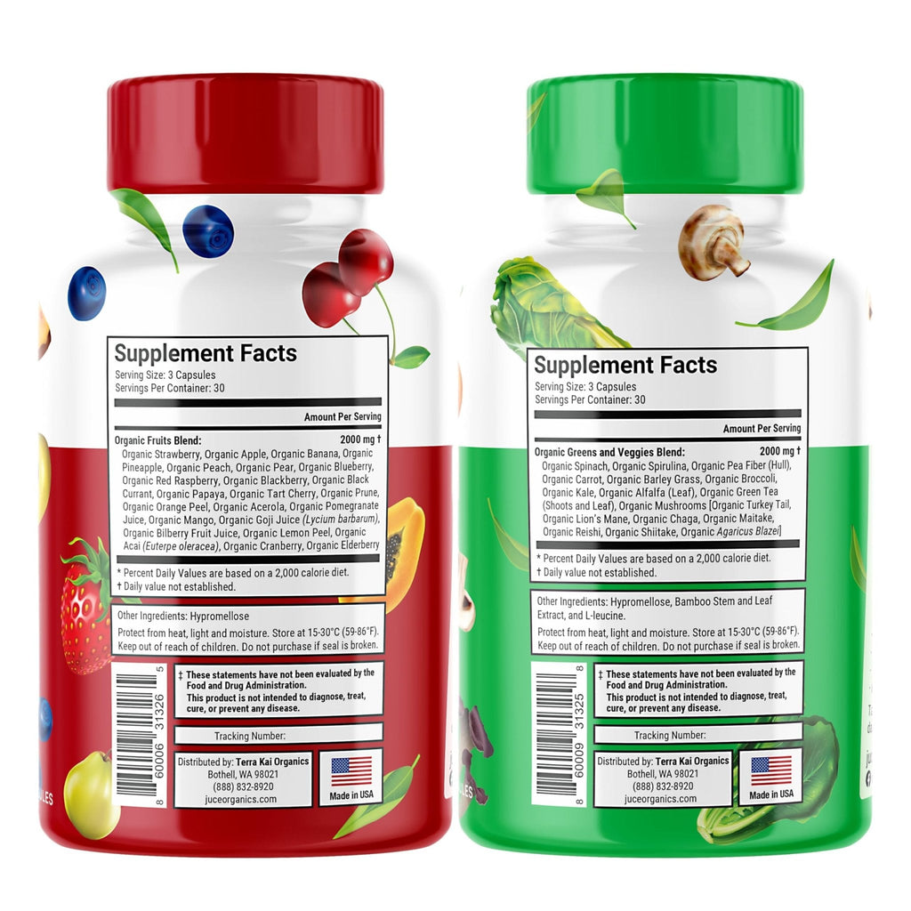 Juce Original Formula - Organic Super Fruit & Veggies Supplement - Gluten/Gelatin Free, Soy Free & Vegan- Reds & Greens Superfood Capsules- 23 Fruits & 23 Vegetables (180 Count)- By Terra Kai Organics - Maple Wellness Supplements