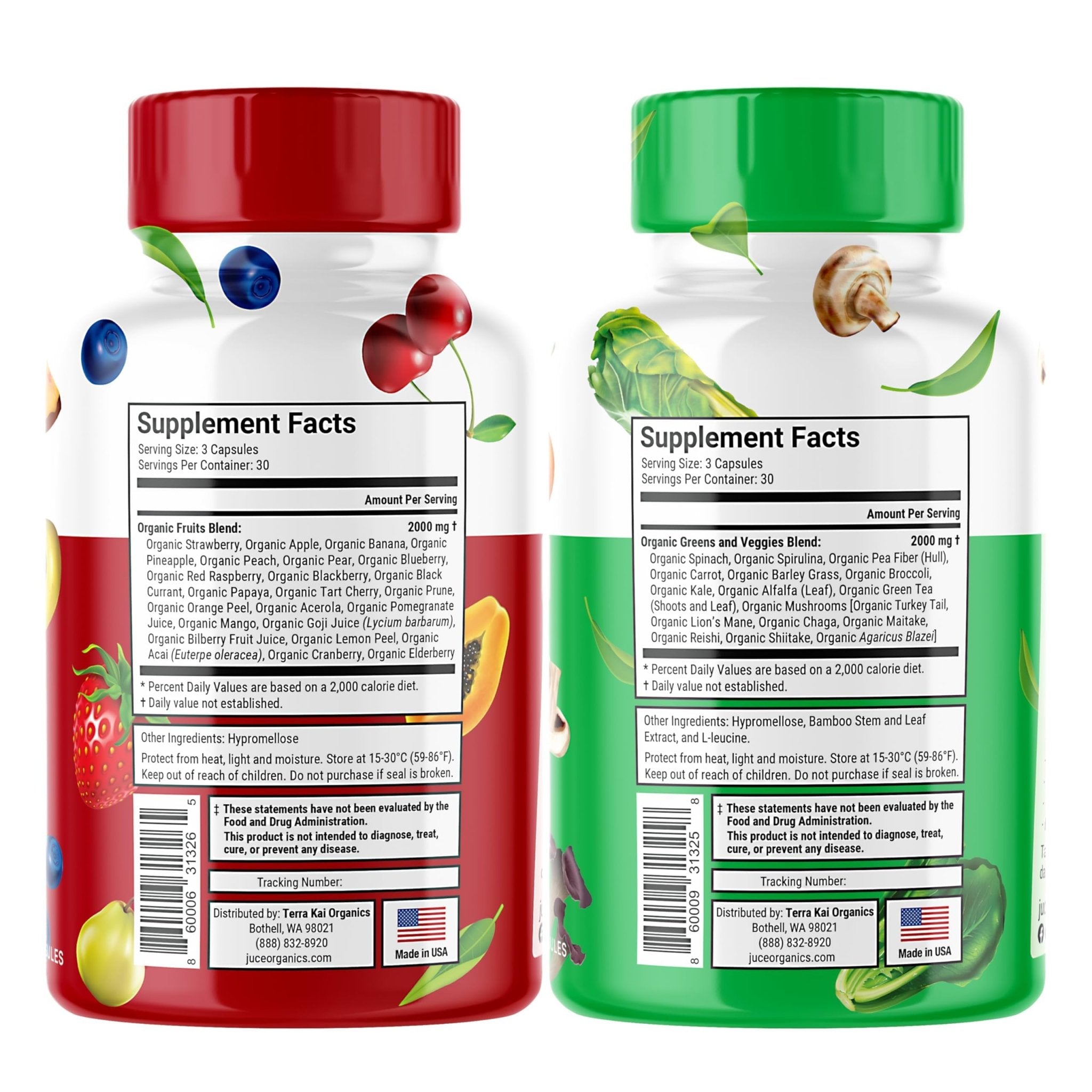 Juce Original Formula - Organic Super Fruit & Veggies Supplement - Gluten/Gelatin Free, Soy Free & Vegan- Reds & Greens Superfood Capsules- 23 Fruits & 23 Vegetables (180 Count)- By Terra Kai Organics - Maple Wellness Supplements