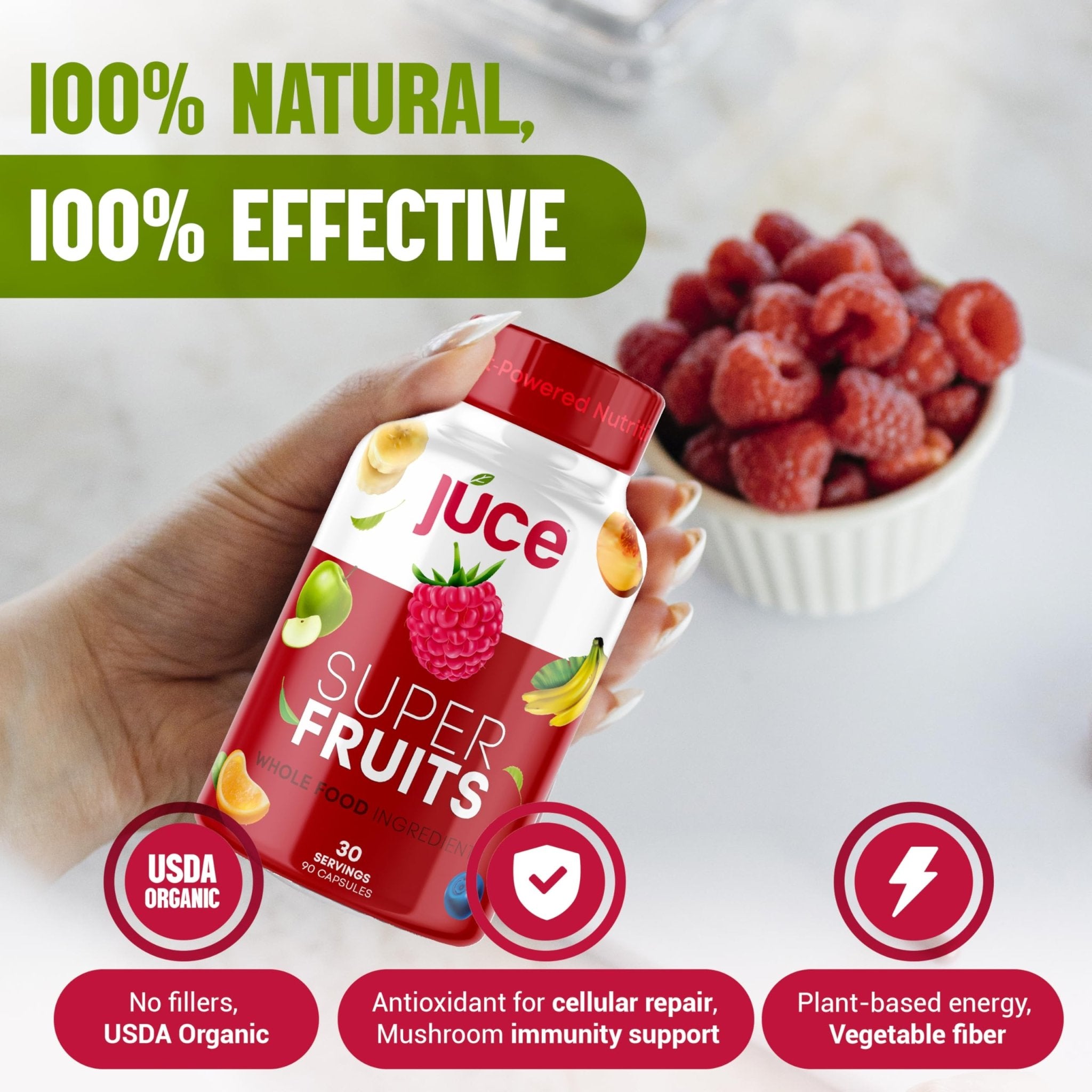 Juce Original Formula - Organic Super Fruit & Veggies Supplement - Gluten/Gelatin Free, Soy Free & Vegan- Reds & Greens Superfood Capsules- 23 Fruits & 23 Vegetables (180 Count)- By Terra Kai Organics - TrustMedUSA