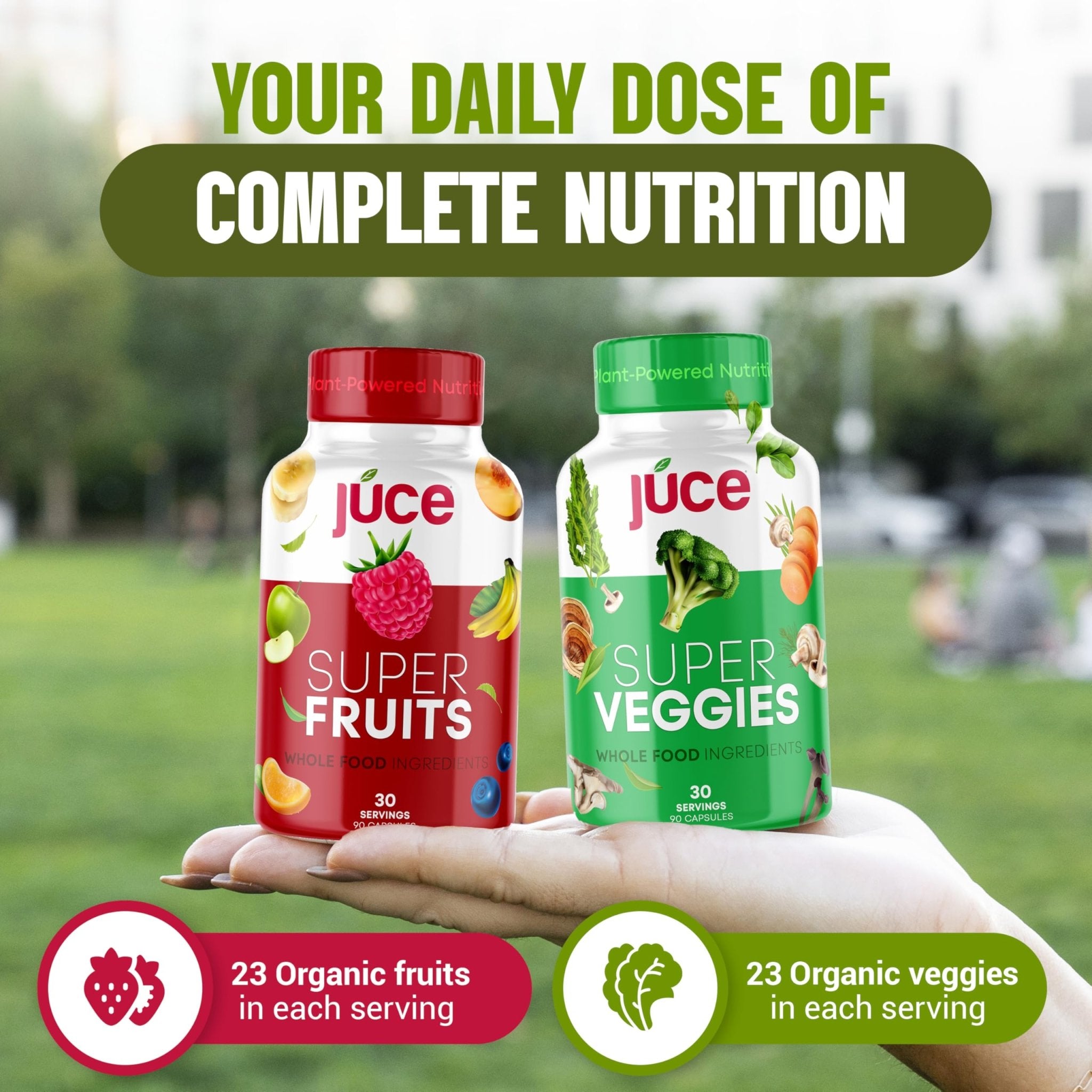 Juce Original Formula - Organic Super Fruit & Veggies Supplement - Gluten/Gelatin Free, Soy Free & Vegan- Reds & Greens Superfood Capsules- 23 Fruits & 23 Vegetables (180 Count)- By Terra Kai Organics - TrustMedUSA