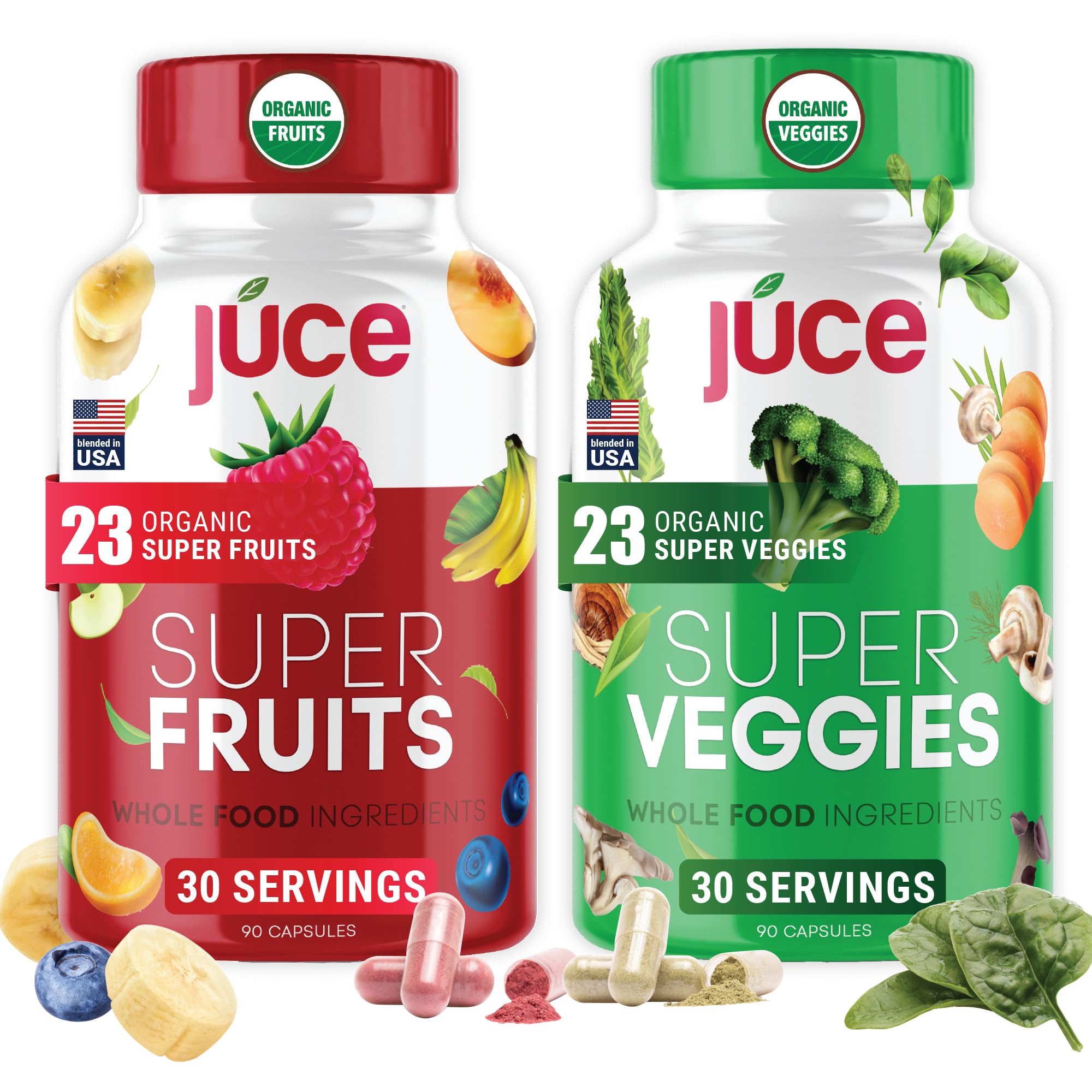 Juce Original Formula - Organic Super Fruit & Veggies Supplement - Gluten/Gelatin Free, Soy Free & Vegan- Reds & Greens Superfood Capsules- 23 Fruits & 23 Vegetables (180 Count)- By Terra Kai Organics - TrustMedUSA