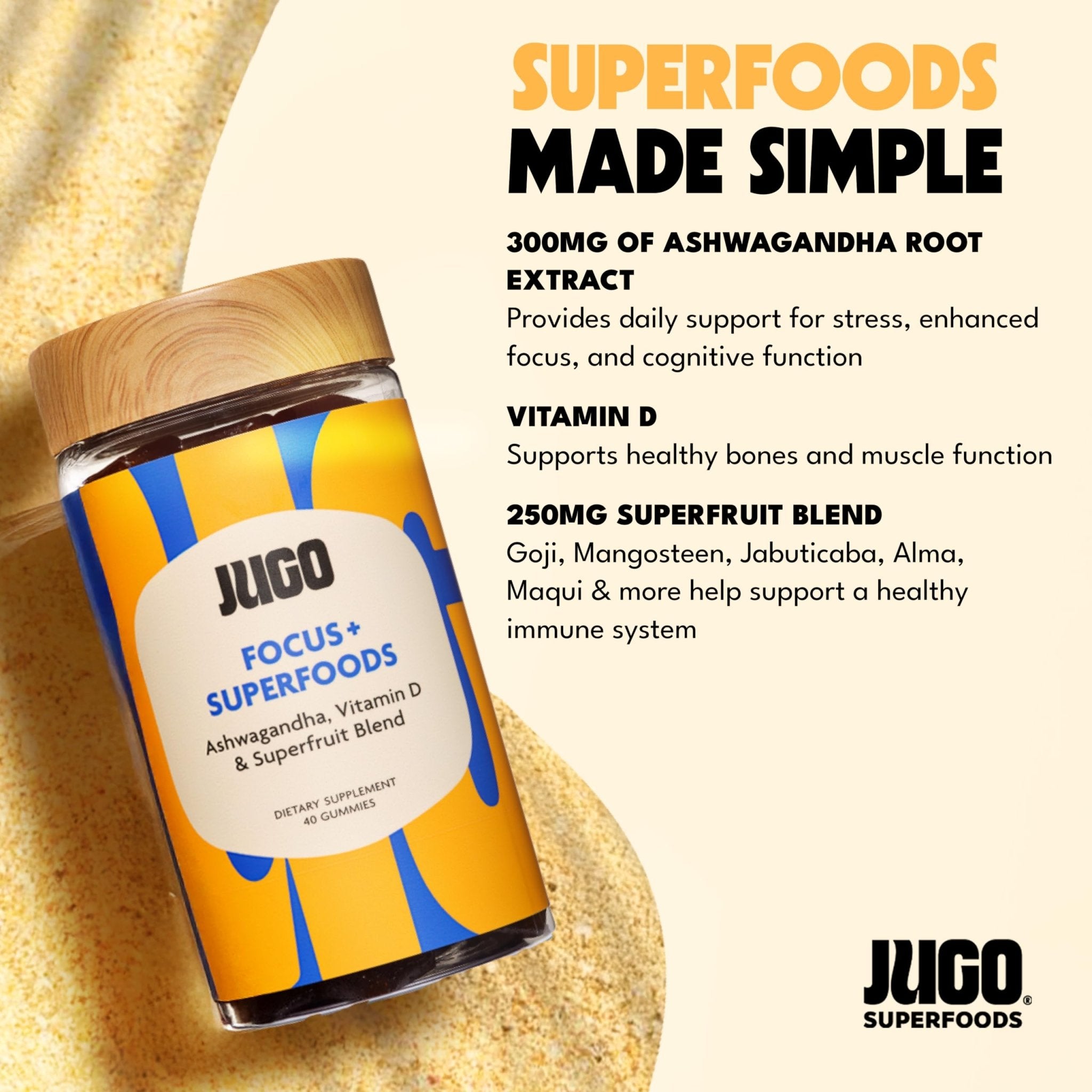 JUGO Focus + SUPERFOODS Ashwagandha Gummies with Vitamin D3 & Superfruit Blend, Vegetarian-Friendly Focus Supplement with Adaptogens, Gelatin-Free and Gluten-Free, Non-GMO, Made in USA, 40 Coun - TrustMedUSA