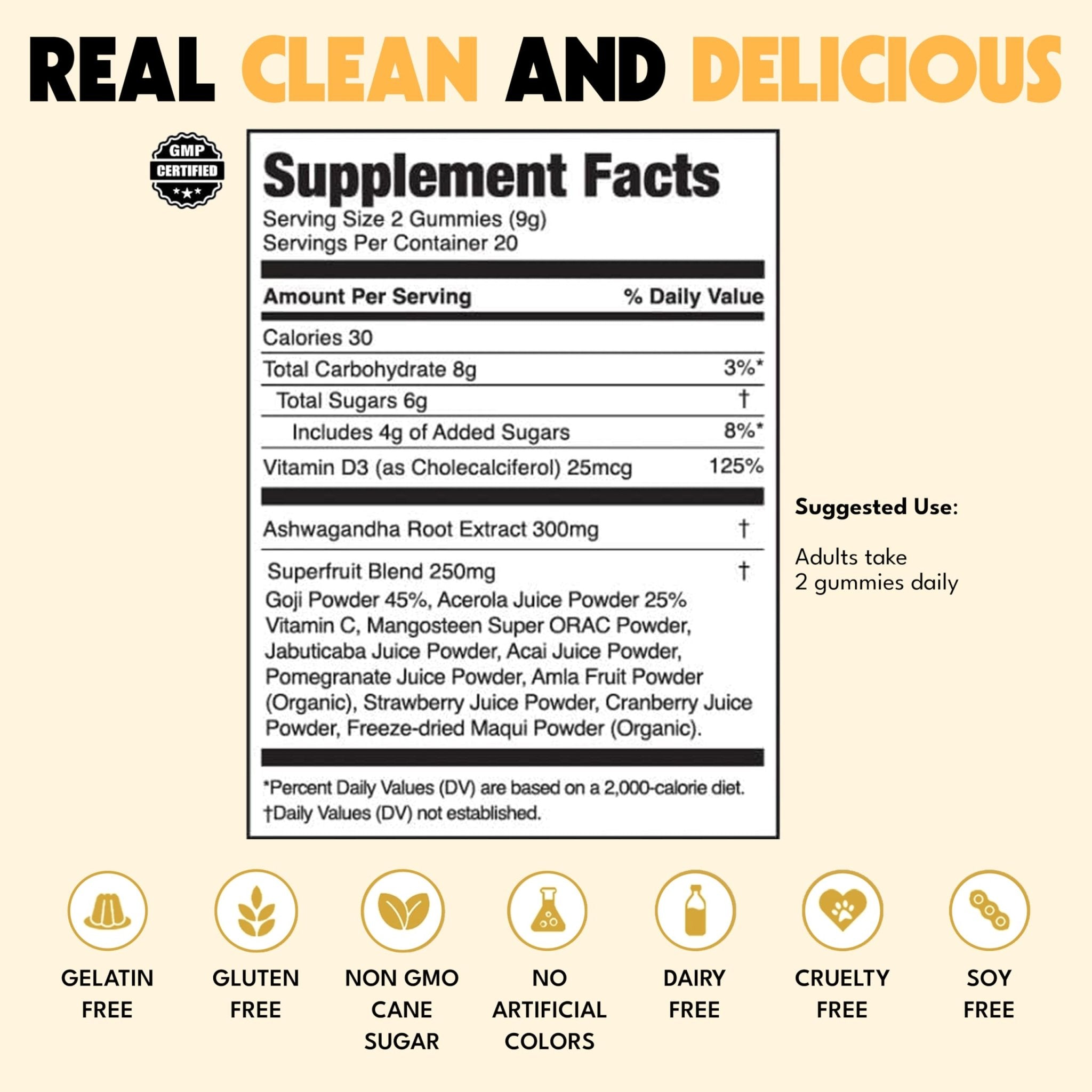 JUGO Focus + SUPERFOODS Ashwagandha Gummies with Vitamin D3 & Superfruit Blend, Vegetarian-Friendly Focus Supplement with Adaptogens, Gelatin-Free and Gluten-Free, Non-GMO, Made in USA, 40 Coun - TrustMedUSA