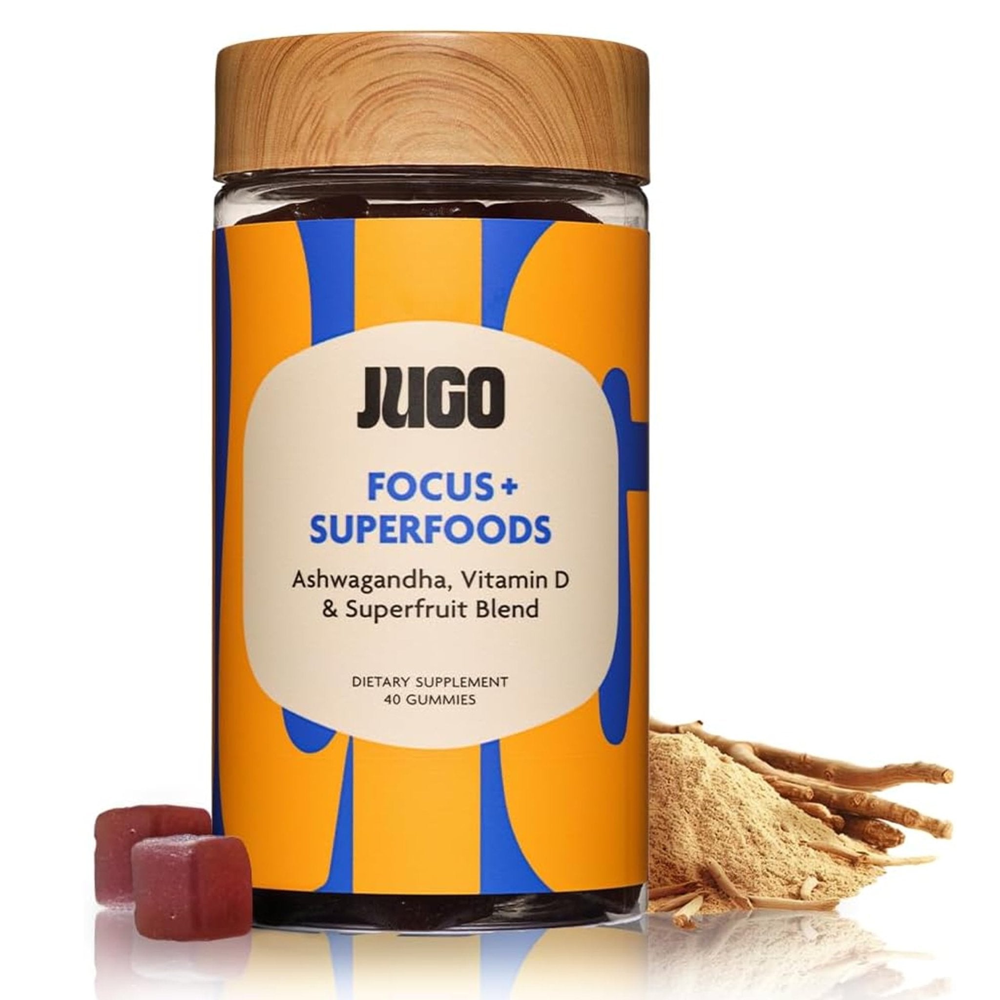 JUGO Focus + SUPERFOODS Ashwagandha Gummies with Vitamin D3 & Superfruit Blend, Vegetarian-Friendly Focus Supplement with Adaptogens, Gelatin-Free and Gluten-Free, Non-GMO, Made in USA, 40 Coun - TrustMedUSA