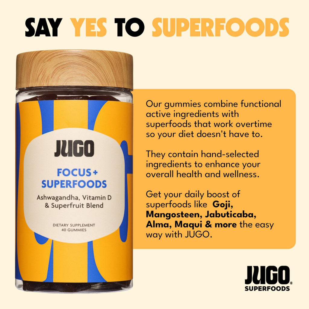 JUGO Focus + SUPERFOODS Ashwagandha Gummies with Vitamin D3 & Superfruit Blend, Vegetarian-Friendly Focus Supplement with Adaptogens, Gelatin-Free and Gluten-Free, Non-GMO, Made in USA, 40 Coun - TrustMedUSA