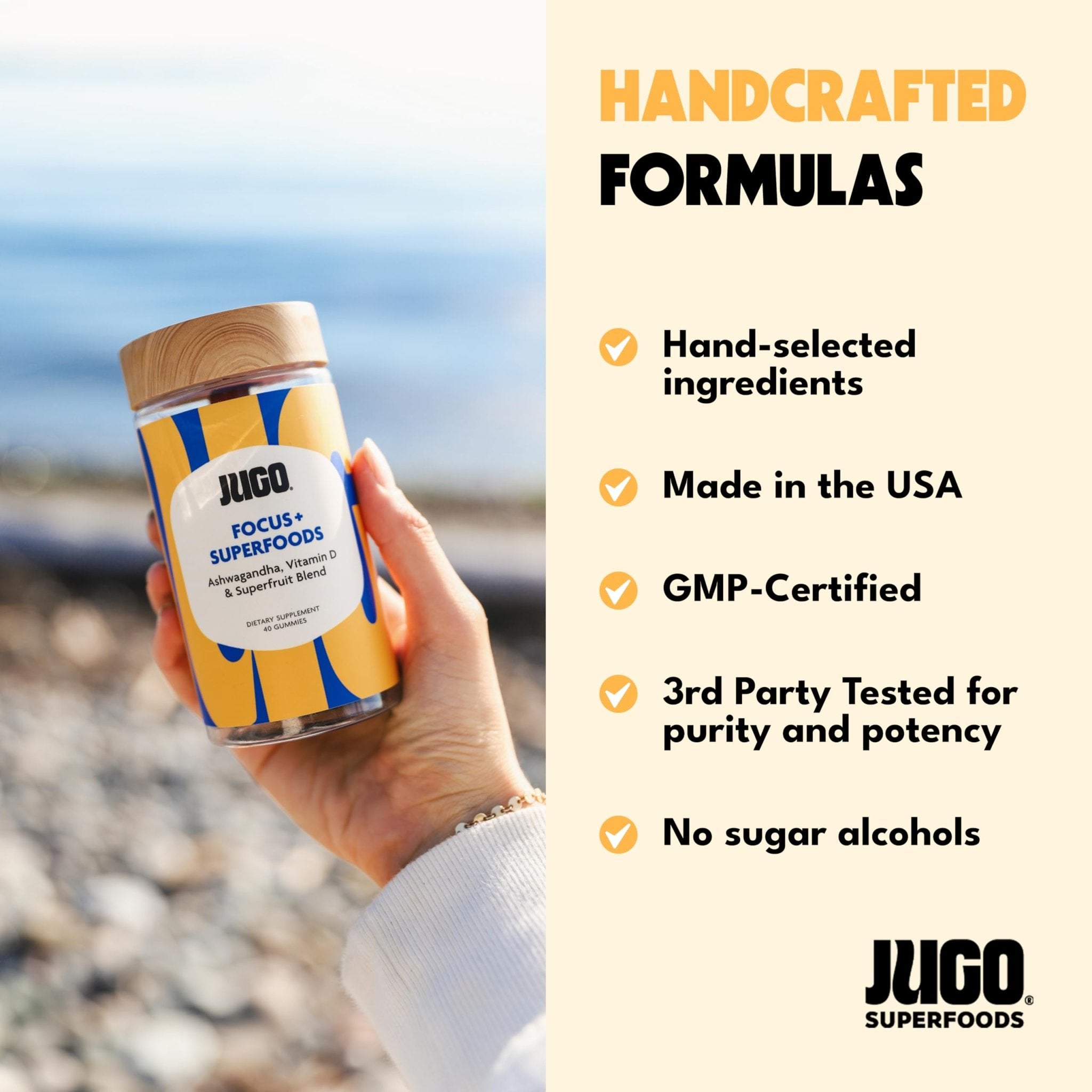 JUGO Focus + SUPERFOODS Ashwagandha Gummies with Vitamin D3 & Superfruit Blend, Vegetarian-Friendly Focus Supplement with Adaptogens, Gelatin-Free and Gluten-Free, Non-GMO, Made in USA, 40 Coun - TrustMedUSA