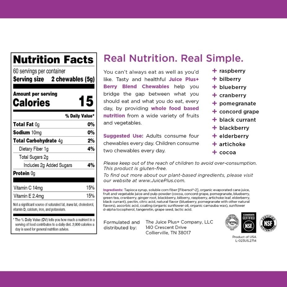 Juice Plus+ Berry Blend Soft Chews (Chewables) - Daily Nutrition from 12 Plants with Whole Fruit, Vegetable, & Berry - Raspberry, Bilberry, Blueberry, and More! for Adults and Kids - (1-mo, 30 Chews) - TrustMedUSA