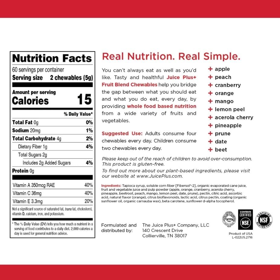Juice Plus+ Fruit Blend Soft Chews (Chewables) - Boost Your Nutrition with 11 Fruits & Plant Ingredients - Vegan Gummy for Kids & Adults - Vitamins, Whole Food Nutrition - 120 Chewables - TrustMedUSA