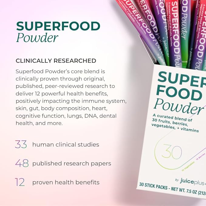 Juice Plus+ - Superfood Powder - Drink with 30 Fruits Berries Veggies Plant Vitamins for Refreshing Immune Wellness Boost - 30 Stick Packs - Maple Wellness Supplements