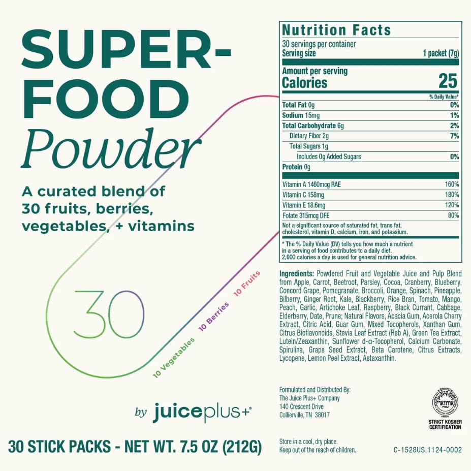 Juice Plus+ - Superfood Powder - Drink with 30 Fruits Berries Veggies Plant Vitamins for Refreshing Immune Wellness Boost - 30 Stick Packs - TrustMedUSA