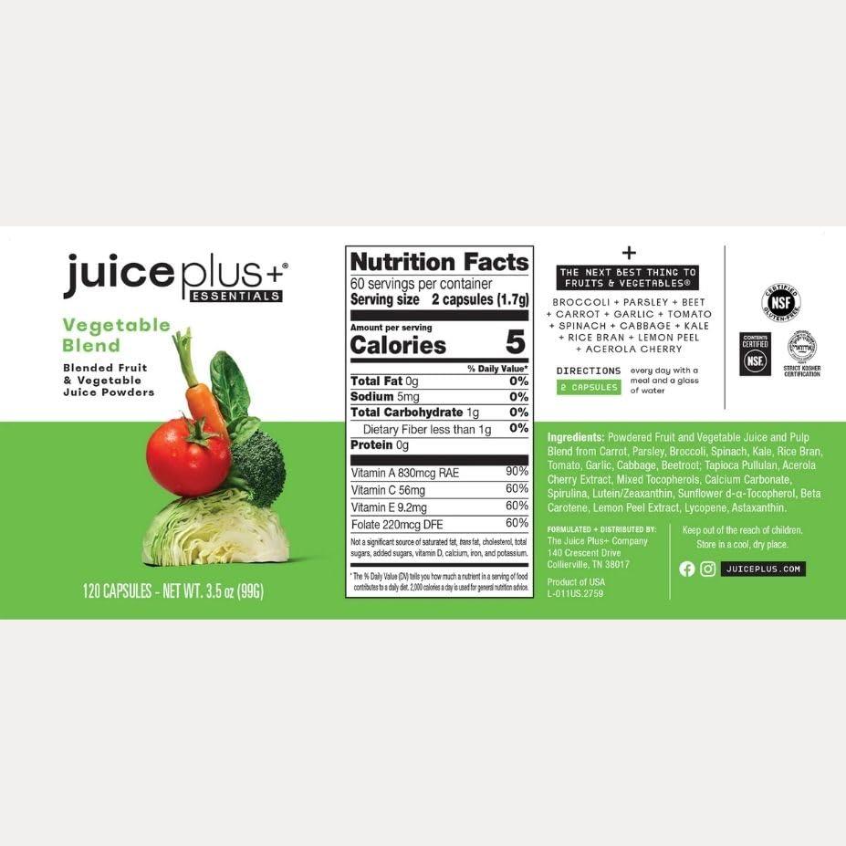 Juice Plus+ Vegetable Blend: with Broccoli, Parsley, Tomato & More - Plant-Based, Vegan, Gluten-Free, Non-GMO, Kosher - for Heart, Immune, Cognitive & Skin Health - 1 Bottle (60 Servings) - TrustMedUSA