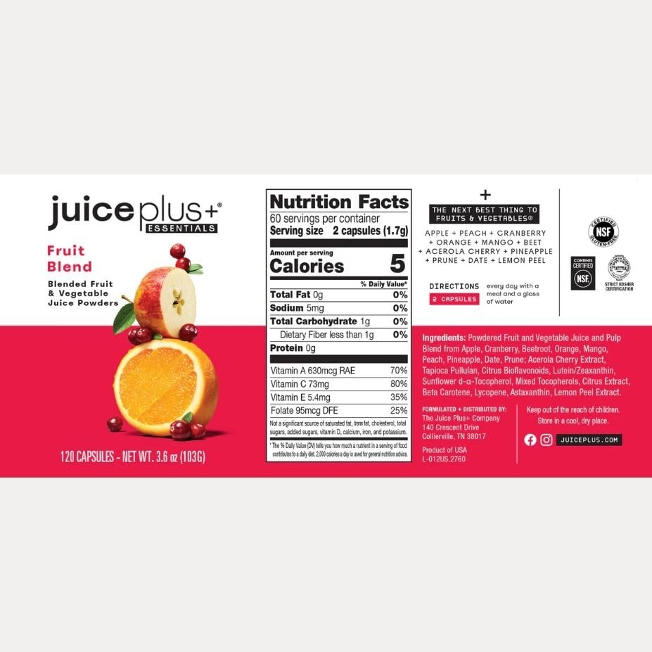 JuicePlus+ Fruit Blend: Plant-Based Whole Food Supplement with Apple, Peach, Cranberry, & More! - Vegan, Gluten-Free, Non-GMO, Kosher - Packed with Plant-Based Vitamins - 1 Bottle (60 Servings) - TrustMedUSA
