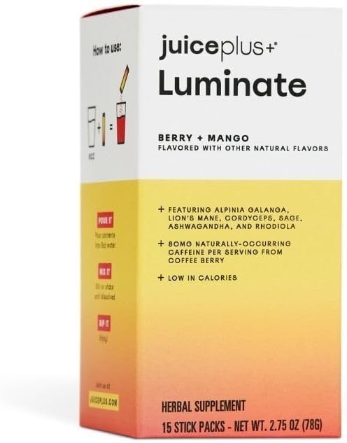 JuicePlus+ Luminate - Plant-Based Cognitive Support Drink with Ashwagandha, Lions Mane & Coffee Berry for Clarity & Vitality - 15 Sticks, 2.75 oz - Maple Wellness Supplements