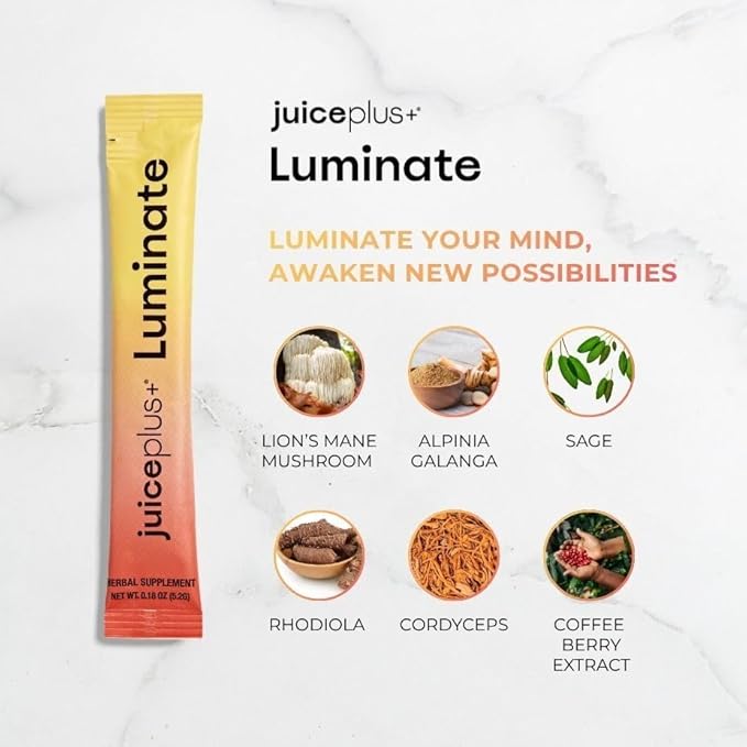 JuicePlus+ Luminate - Plant-Based Cognitive Support Drink with Ashwagandha, Lions Mane & Coffee Berry for Clarity & Vitality - 15 Sticks, 2.75 oz - Maple Wellness Supplements