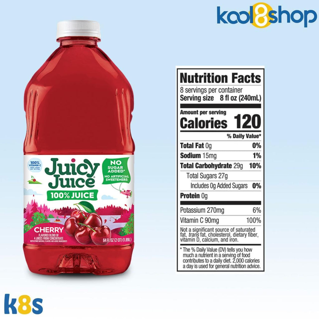 Juicy Juice Cherry 100% Juice Vitamin C No Sugar Added 64 fl oz Plastic Bottle 4 Pack + 15 Sugarcane Disposable Straws by KOOL8SHOP Infinite Deals - Maple Wellness Supplements