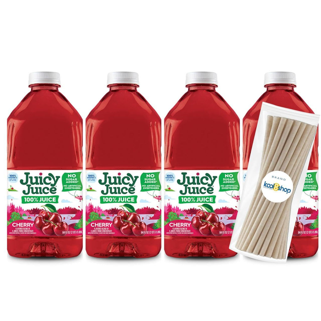 Juicy Juice Cherry 100% Juice Vitamin C No Sugar Added 64 fl oz Plastic Bottle 4 Pack + 15 Sugarcane Disposable Straws by KOOL8SHOP Infinite Deals - Maple Wellness Supplements