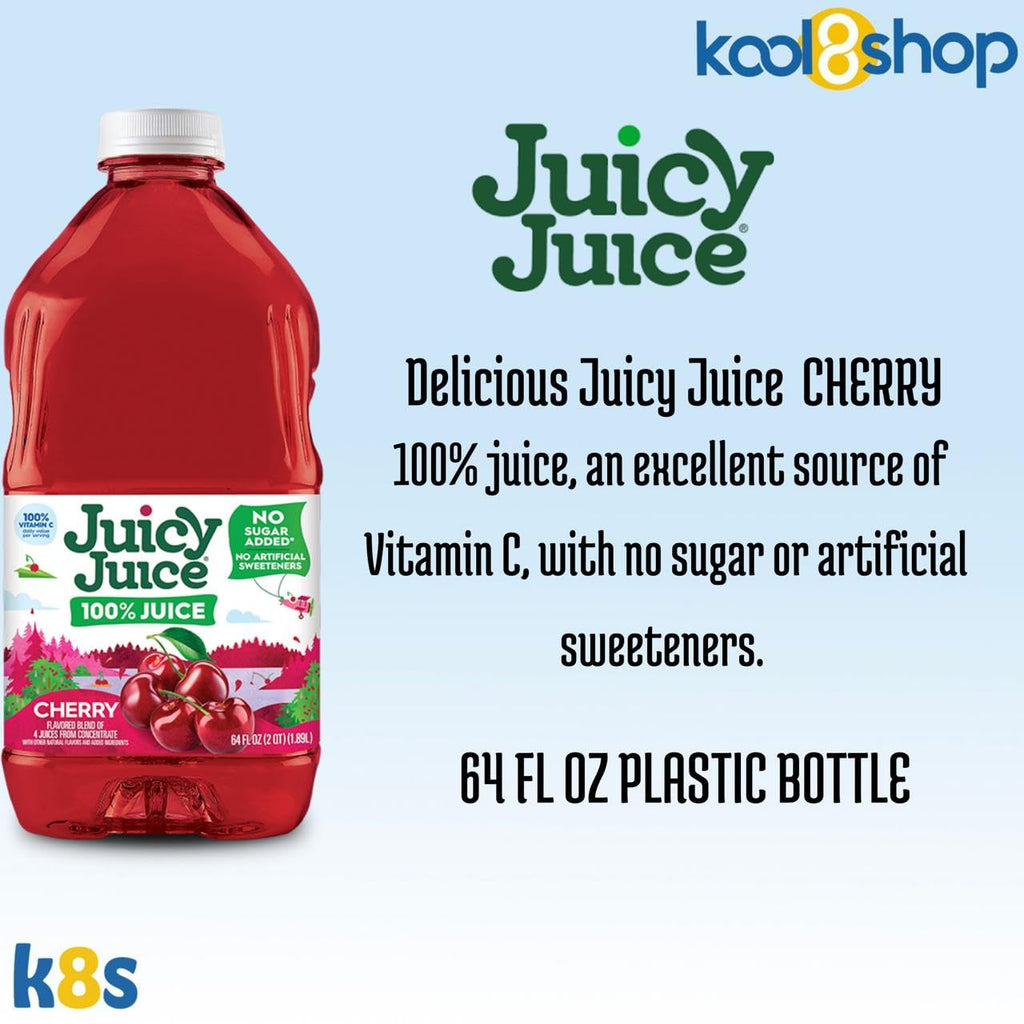 Juicy Juice Cherry 100% Juice Vitamin C No Sugar Added 64 fl oz Plastic Bottle 4 Pack + 15 Sugarcane Disposable Straws by KOOL8SHOP Infinite Deals - Maple Wellness Supplements