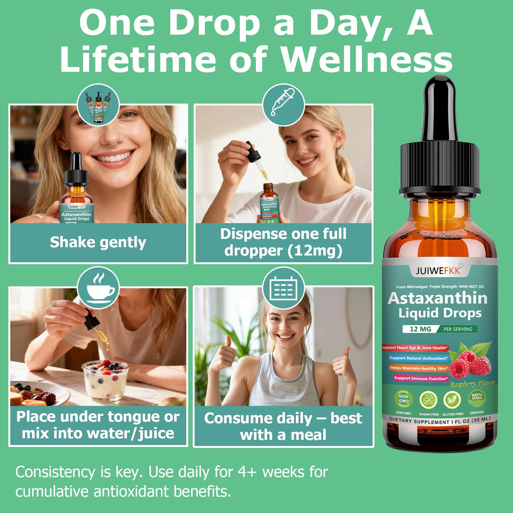 JUIWEFKK Astaxanthin Supplement 12mg Liquid Drops, Premium Natural Astaxanthin Antioxidant from Fresh Microalgae Source w. Mct Oi for Eye Immune Joint Skin Health, Liquid Formula for Max Absorption - TrustMedUSA