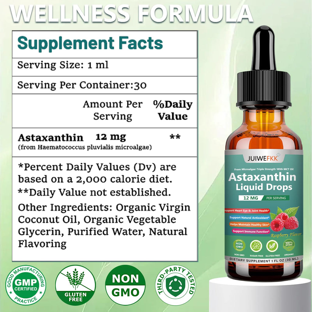 JUIWEFKK Astaxanthin Supplement 12mg Liquid Drops, Premium Natural Astaxanthin Antioxidant from Fresh Microalgae Source w. Mct Oi for Eye Immune Joint Skin Health, Liquid Formula for Max Absorption - TrustMedUSA
