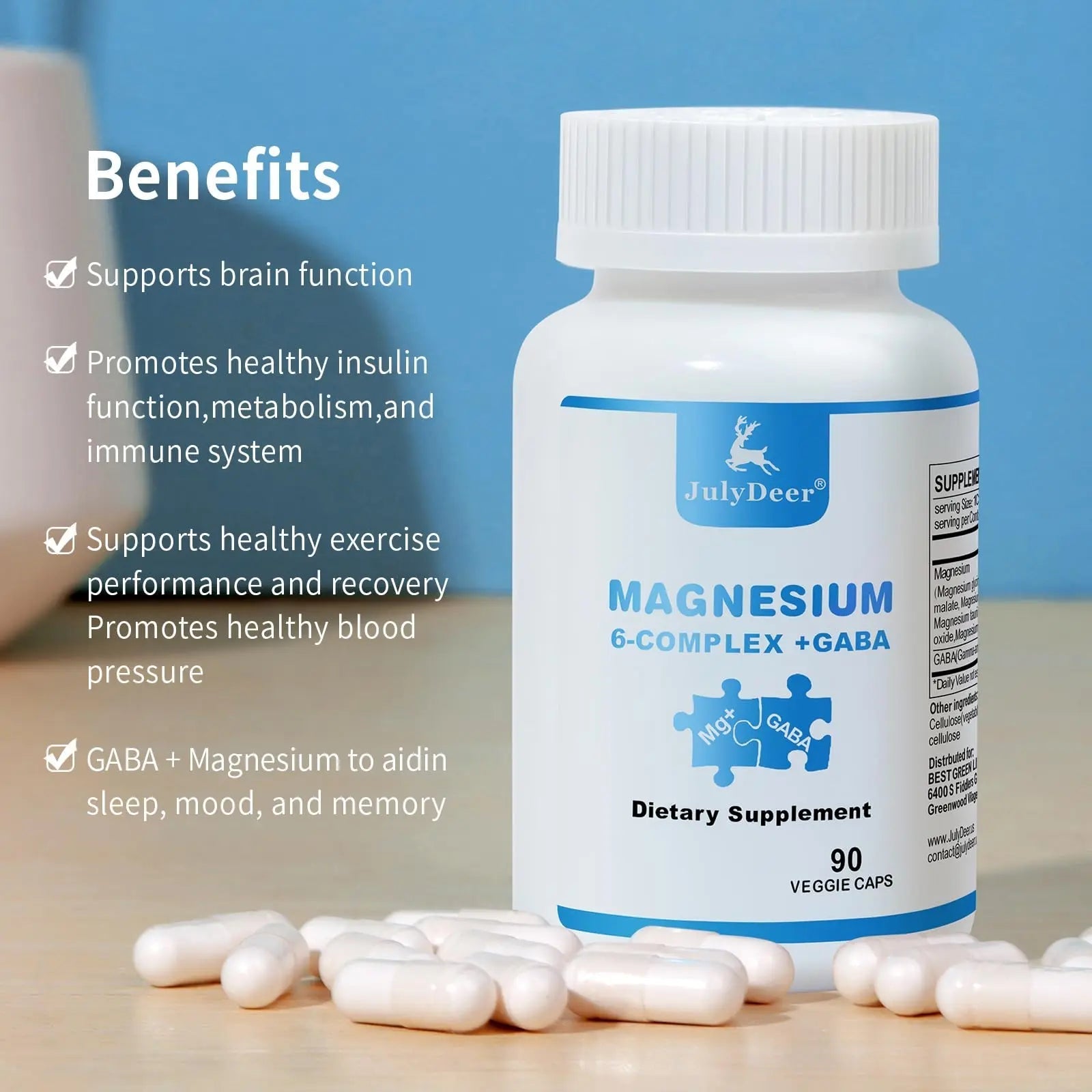 JulyDeer Sixfold Magnesium Complex | 350mg of Magnesium Glycinate, Malate, Citrate, Taurine, Oxide, Mg+ for Muscles,Nerves,& Energy, GABA Sleep Support | High Absorption | Vegan | 90 Capsules - TrustMedUSA