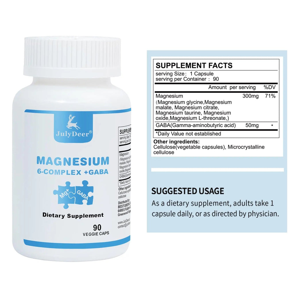 JulyDeer Sixfold Magnesium Complex | 350mg of Magnesium Glycinate, Malate, Citrate, Taurine, Oxide, Mg+ for Muscles,Nerves,& Energy, GABA Sleep Support | High Absorption | Vegan | 90 Capsules - TrustMedUSA